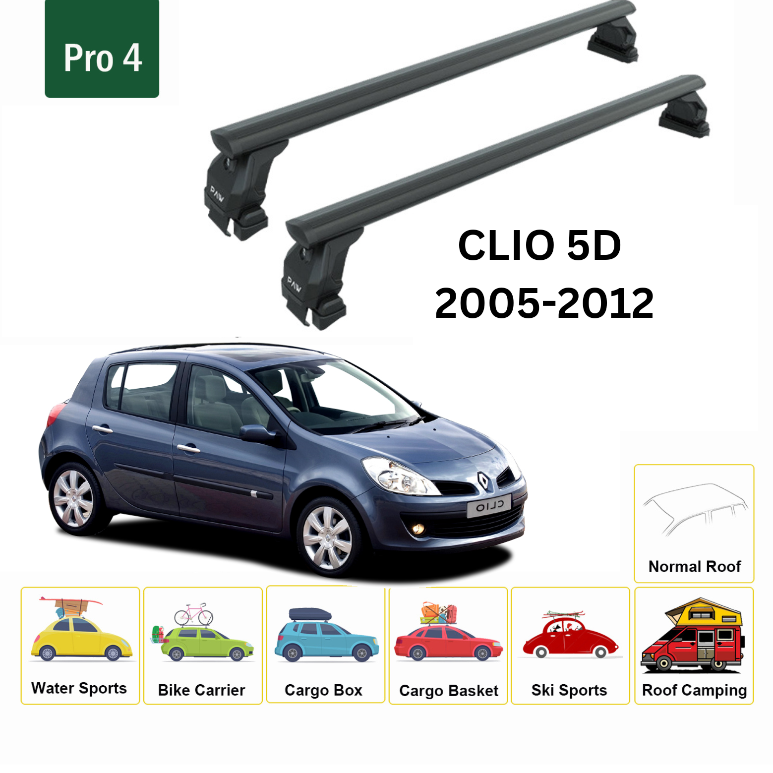 For Renault Clio 2005-2012 Roof Rack System, Aluminium Cross Bar, Metal Bracket, Normal Roof, Black