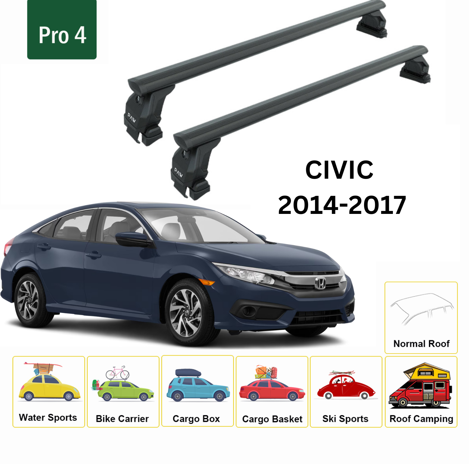 Für Honda Civic Sedan 2014–2017 Dachträgersystem, Aluminium-Querstange, Metallhalterung, abschließbar, schwarz  - 0