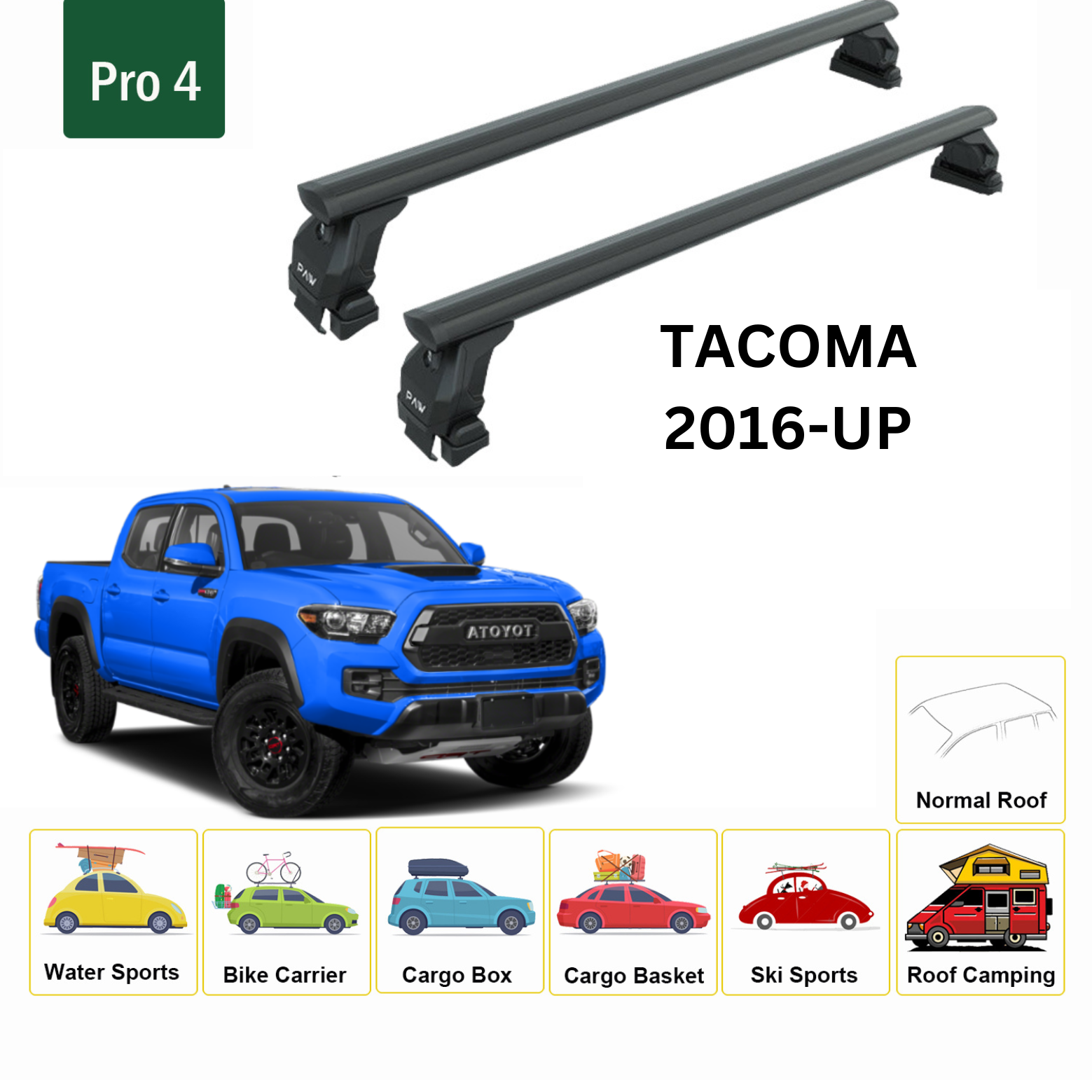 For Toyota Tacoma 2016-Up Roof Rack Cross Bars Normal Roof Alu Black - 0