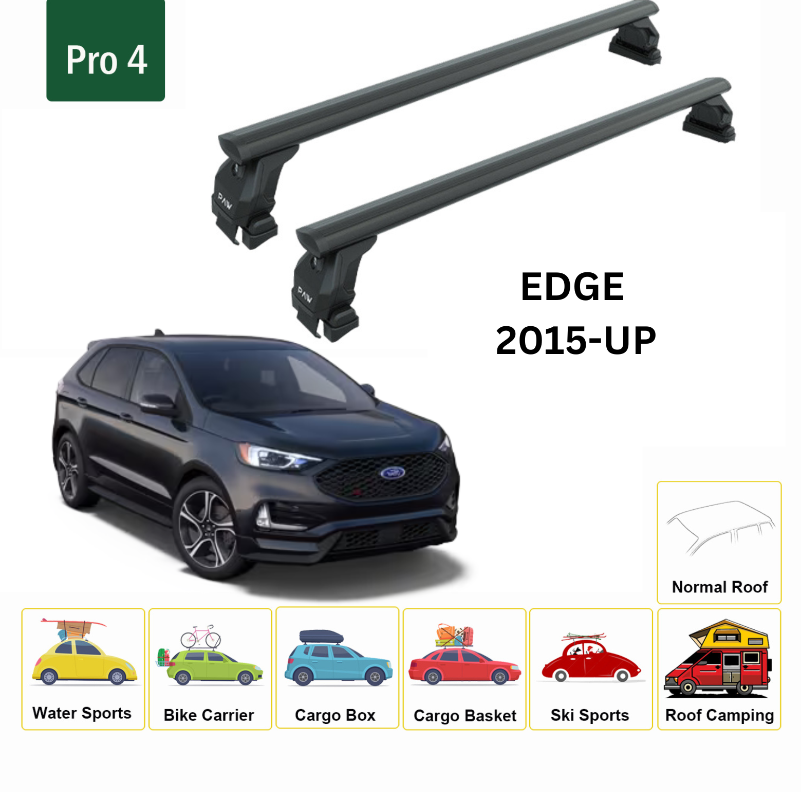 For Ford Edge (CD 539) 2015-Up Roof Rack Cross Bars Normal Roof Alu Black - 0
