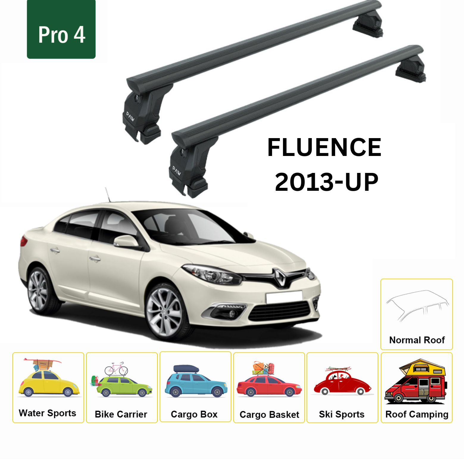 For Renault Fluence 2013-Up Roof Rack System, Aluminium Cross Bar, Metal Bracket, Normal Roof, Black - 0