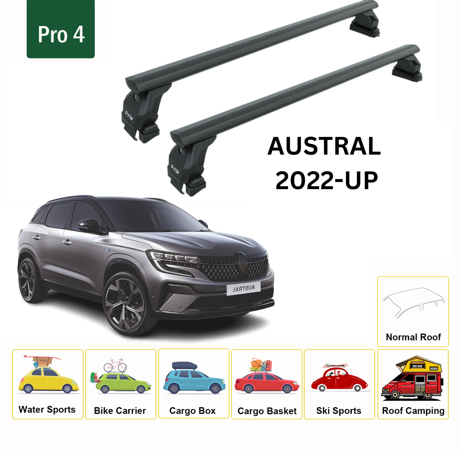 For Renault Austral 2022-Up Roof Rack System, Aluminium Cross Bar, Metal Bracket, Normal Roof, Black