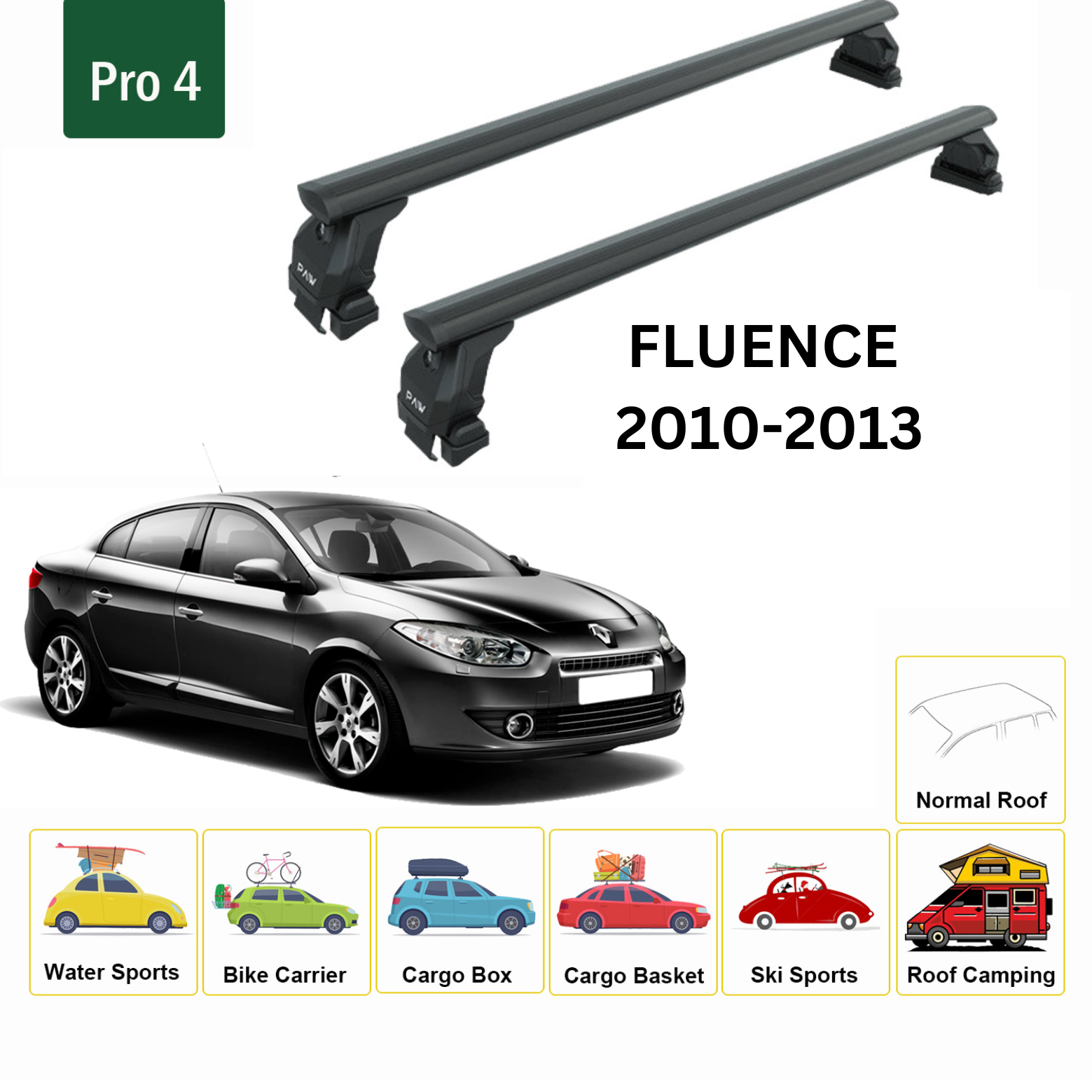 For Renault Fluence 2010-2013 Roof Rack System, Aluminium Cross Bar, Metal Bracket, Normal Roof, Black