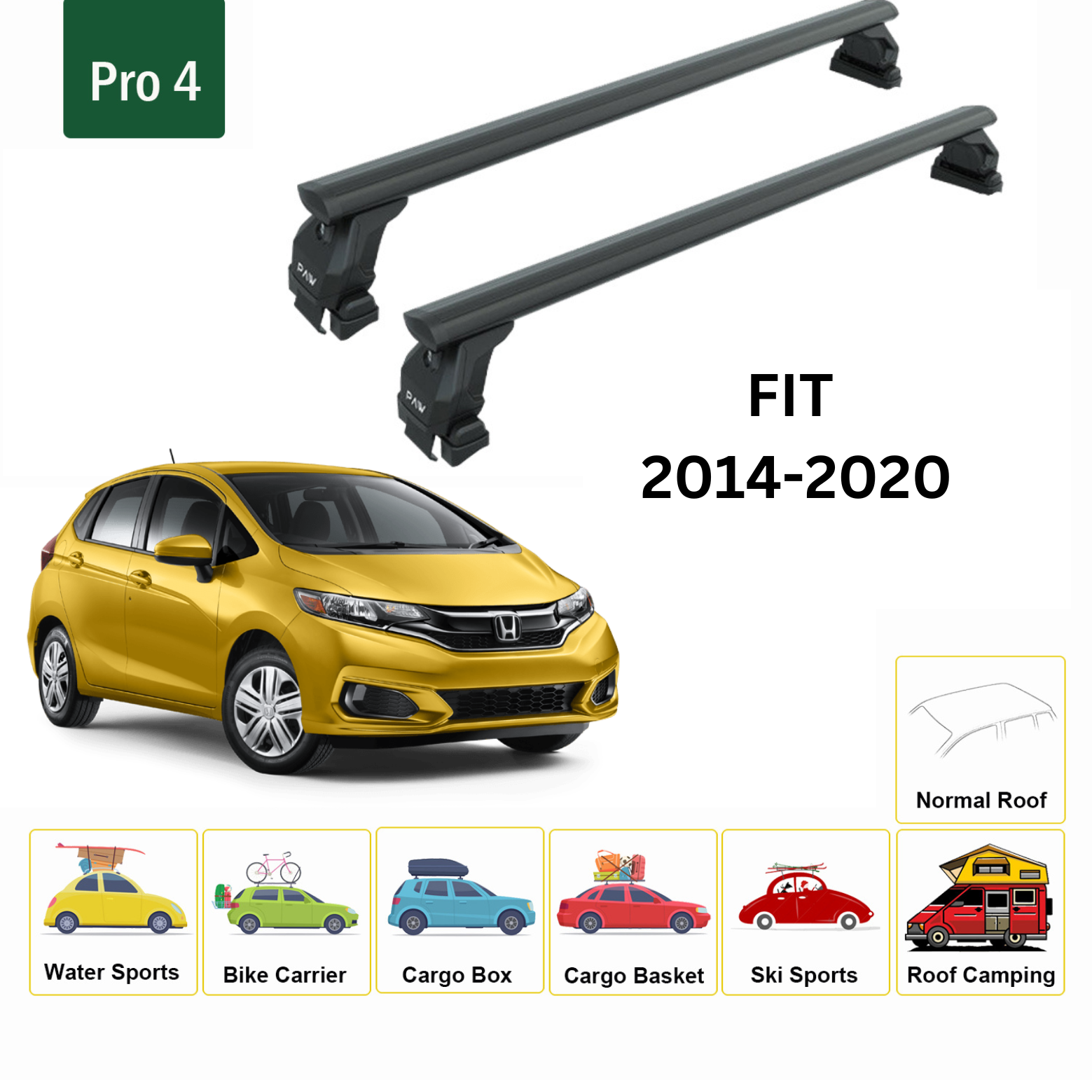 kompatibel mit Honda Fit (Jazz) Fahrzeug Normal Dachträger Querträger Spacial Serie Pro 4 Schwarz Farbe 2014-2020 