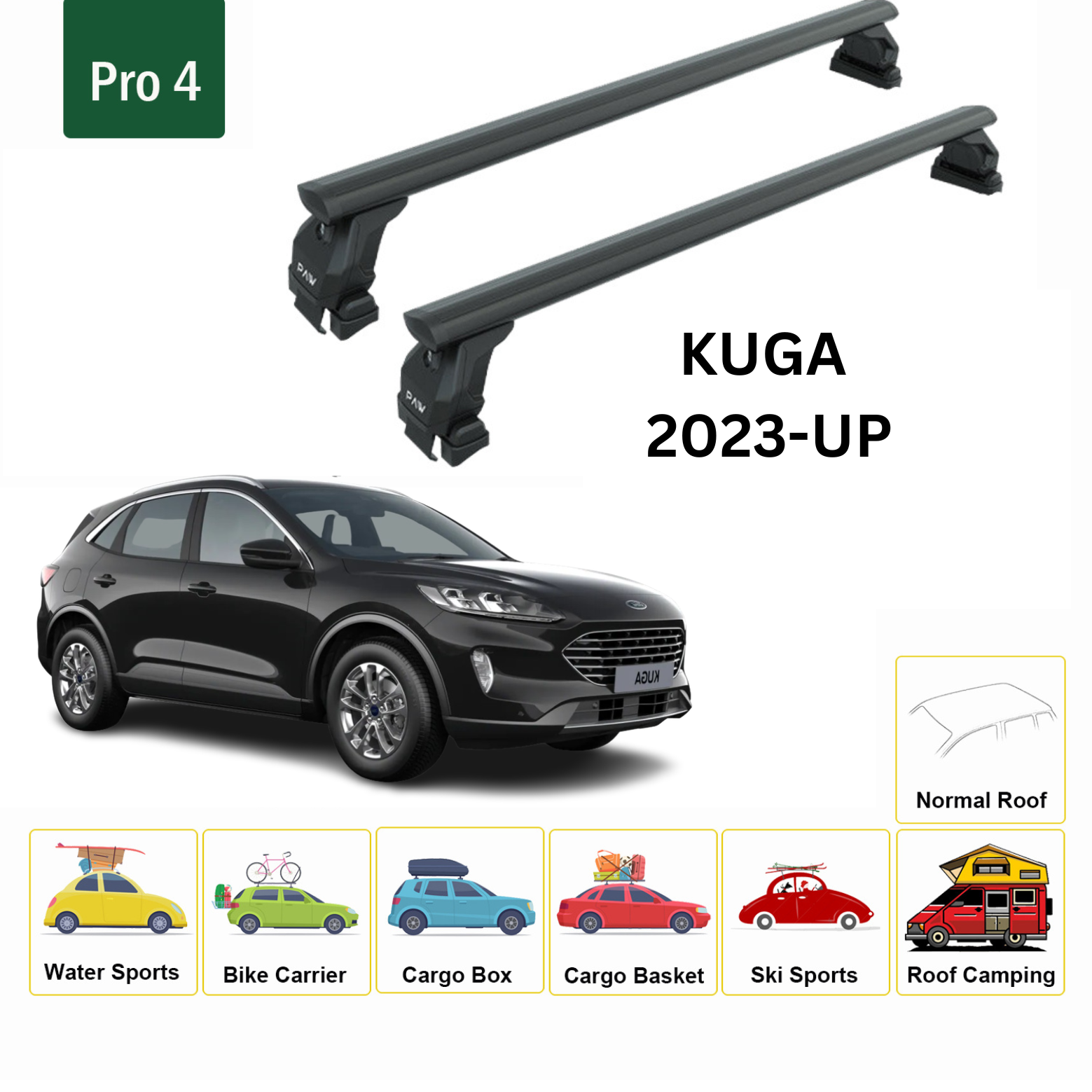 For Ford Kuga (CX482) 2020-Up Roof Rack Cross Bars Normal Roof Alu Black