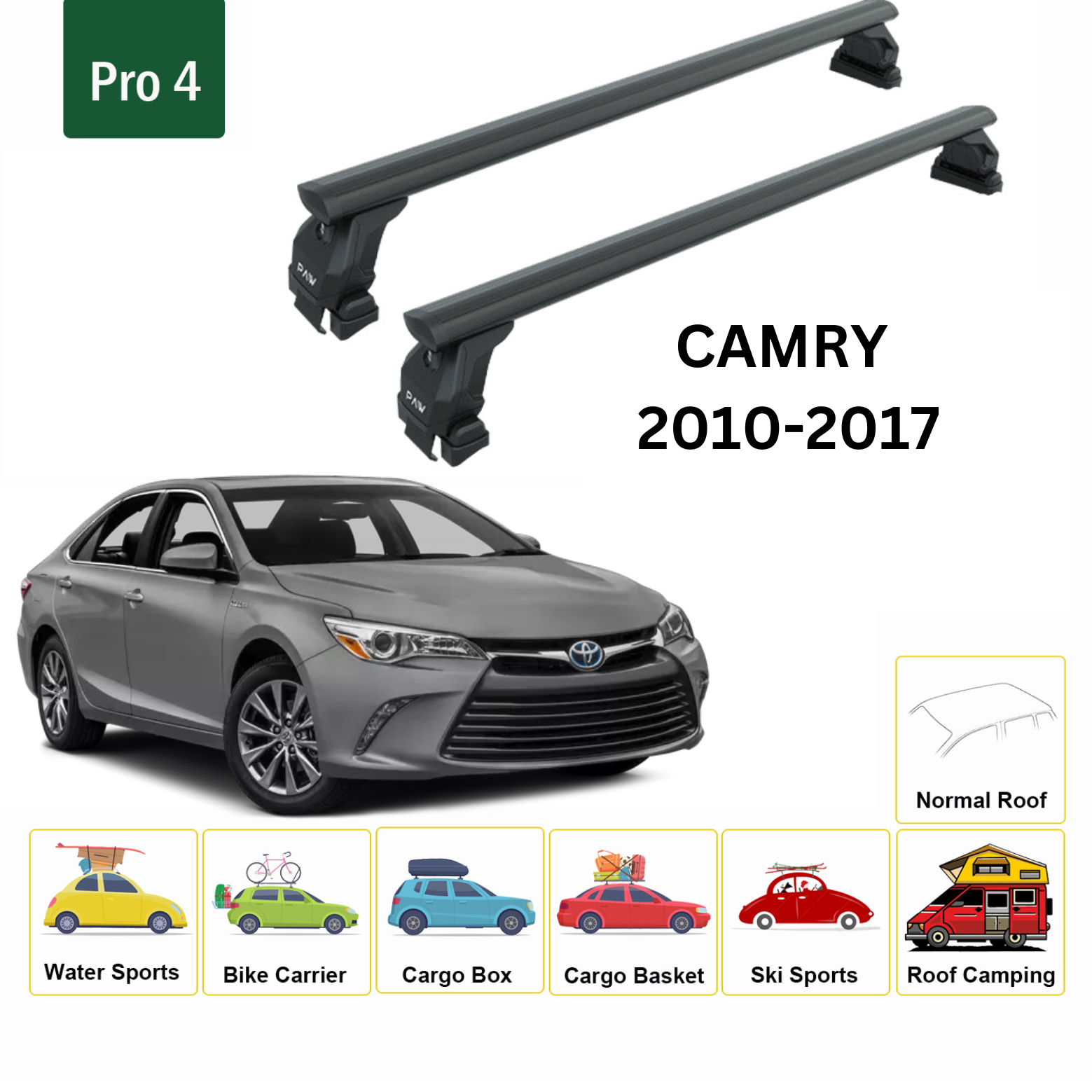 Für Toyota Camry 2010–17 Dachträger, Querträger, Metallhalterung, normales Dach, Alu, Schwarz