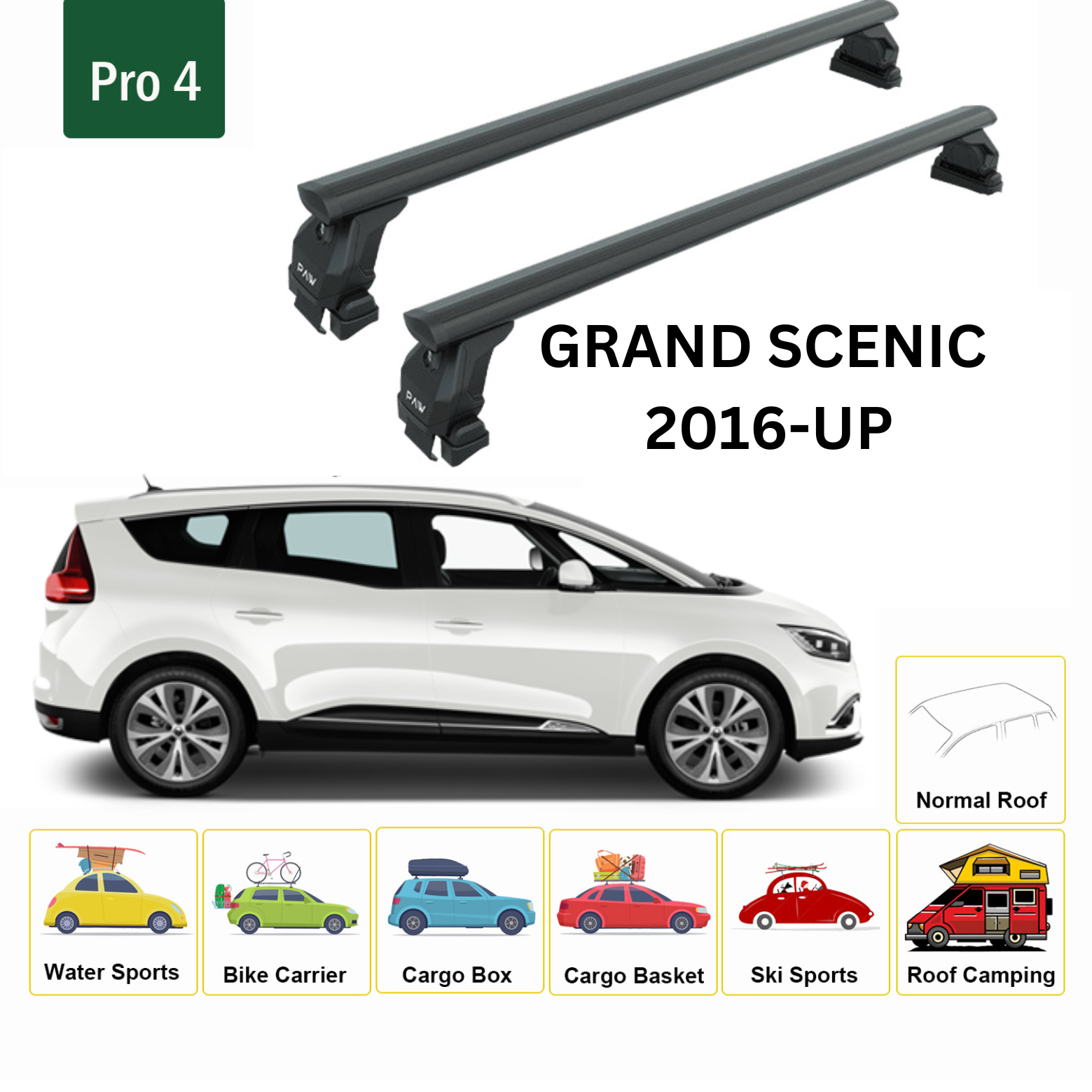For Renault Grand Scenic 2016-Up Roof Rack System, Aluminium Cross Bar, Metal Bracket, Normal Roof, Black