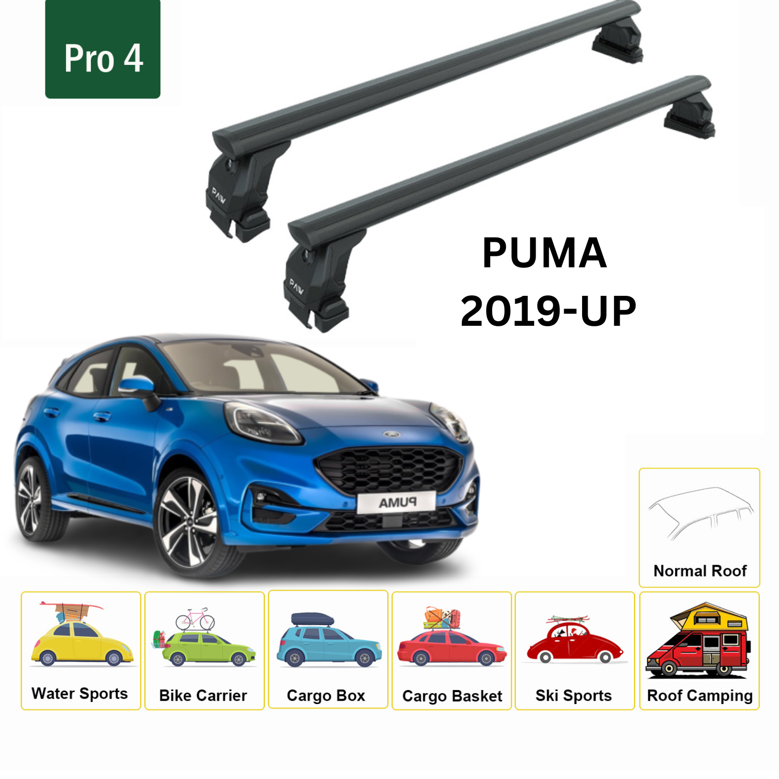 For Ford Puma 2019-Up Roof Rack Cross Bars Metal Bracket Normal Roof Alu Black - 0