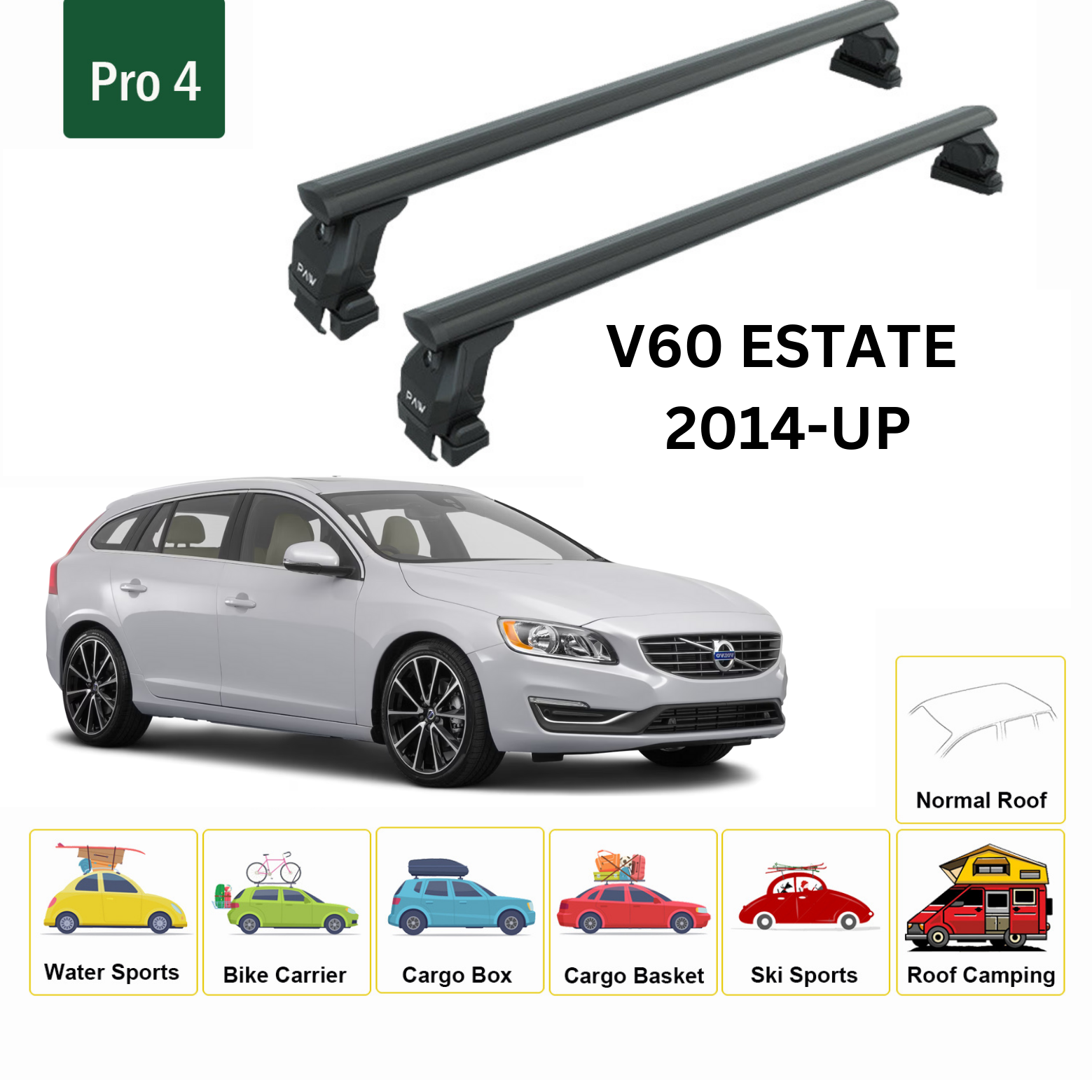 For Volvo V60 Estate 2014-Up Roof Rack Cross Bar Normal Roof Alu Black