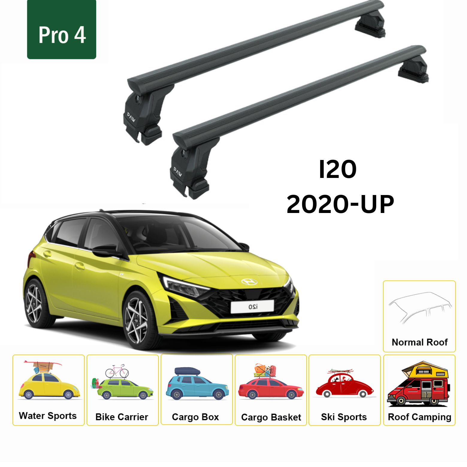 For Hyundai i20 2020-Up Roof Rack Cross Bars Normal Roof Alu Black
