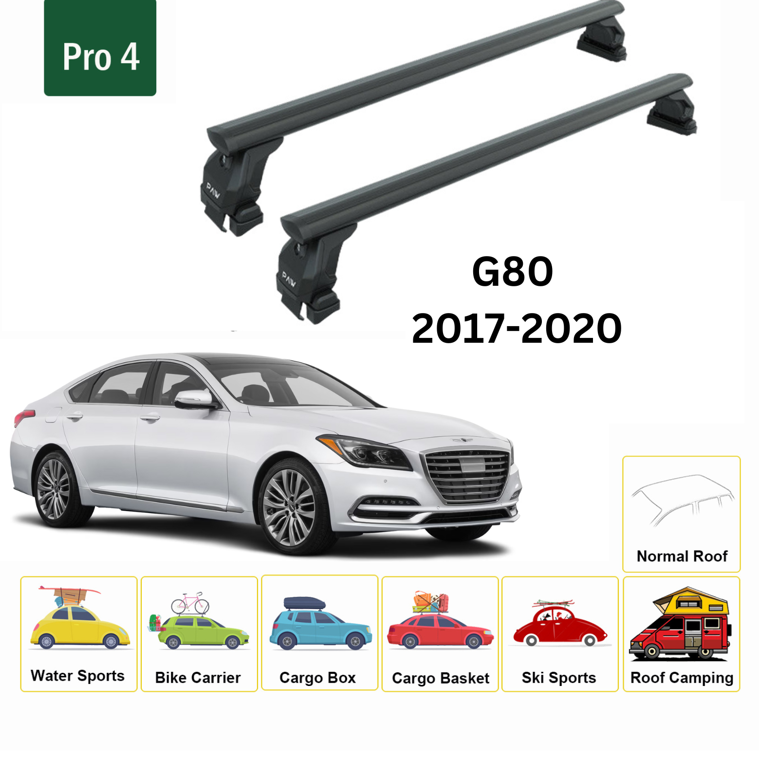 For Genesis G80 2017-2020 Roof Rack Cross Bars Metal Bracket Normal Roof Alu Black - 0
