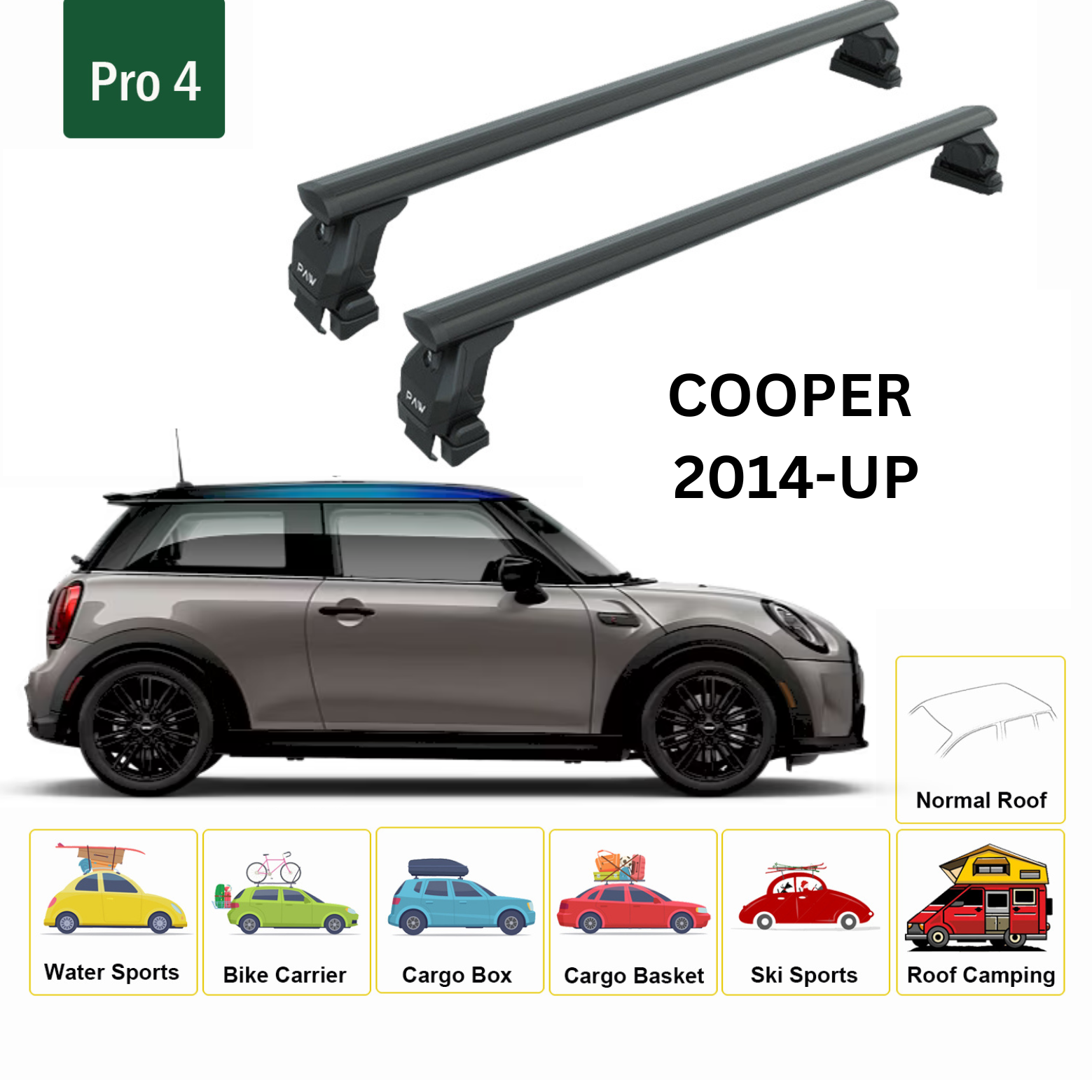 For Mini Cooper 2014- Up Roof Rack Cross Bars Metal Bracket Normal Roof Alu Black - 0