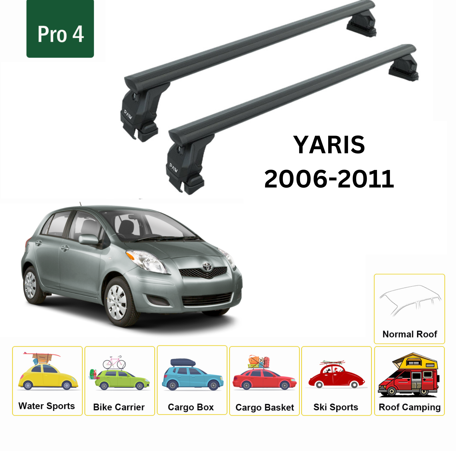 For Toyota Yaris HB 2006-11 Roof Rack Cross Bars Normal Roof Alu Black - 0