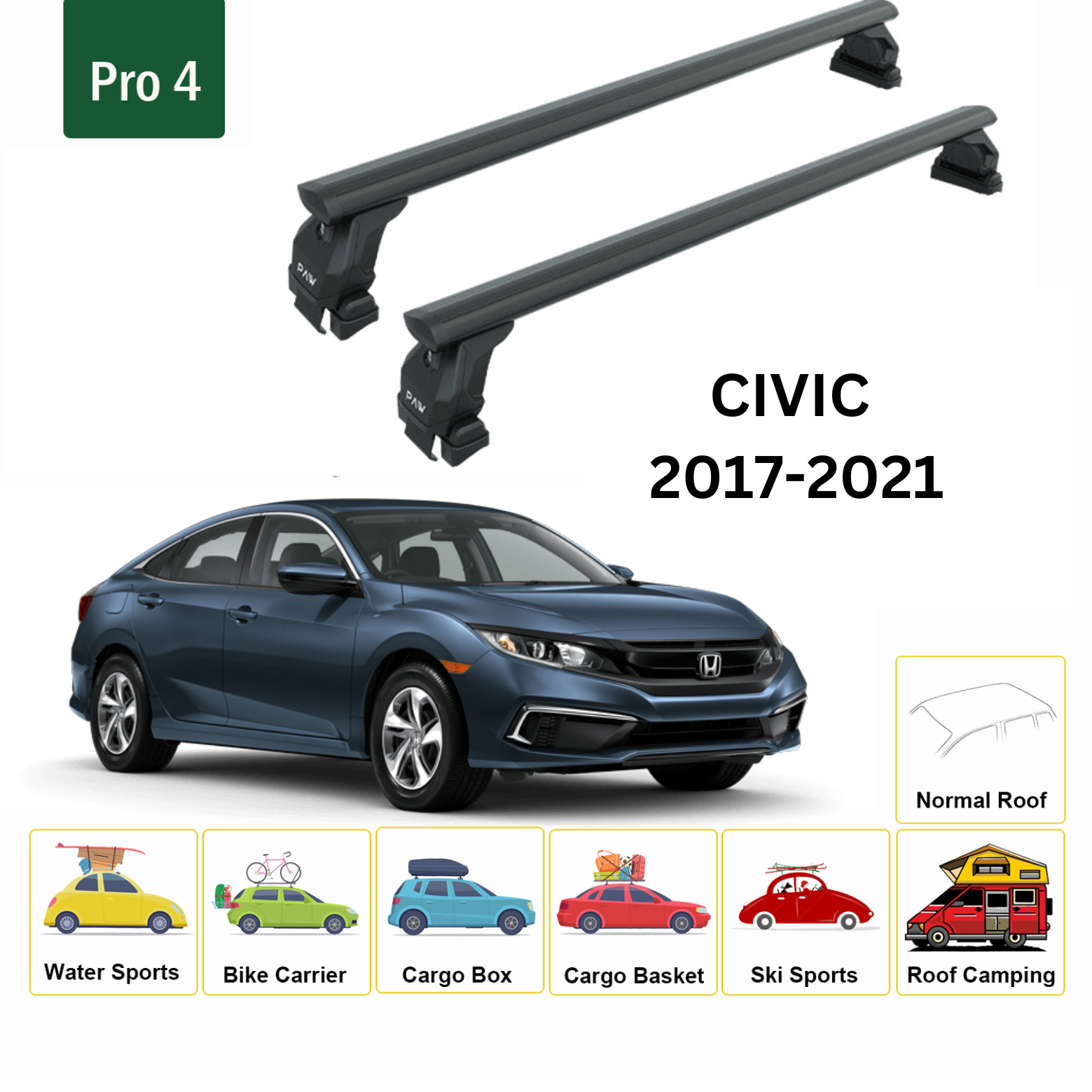 For Honda Civic 2017-21 Roof Rack Cross Bars Metal Bracket Normal Roof Alu Black - 0