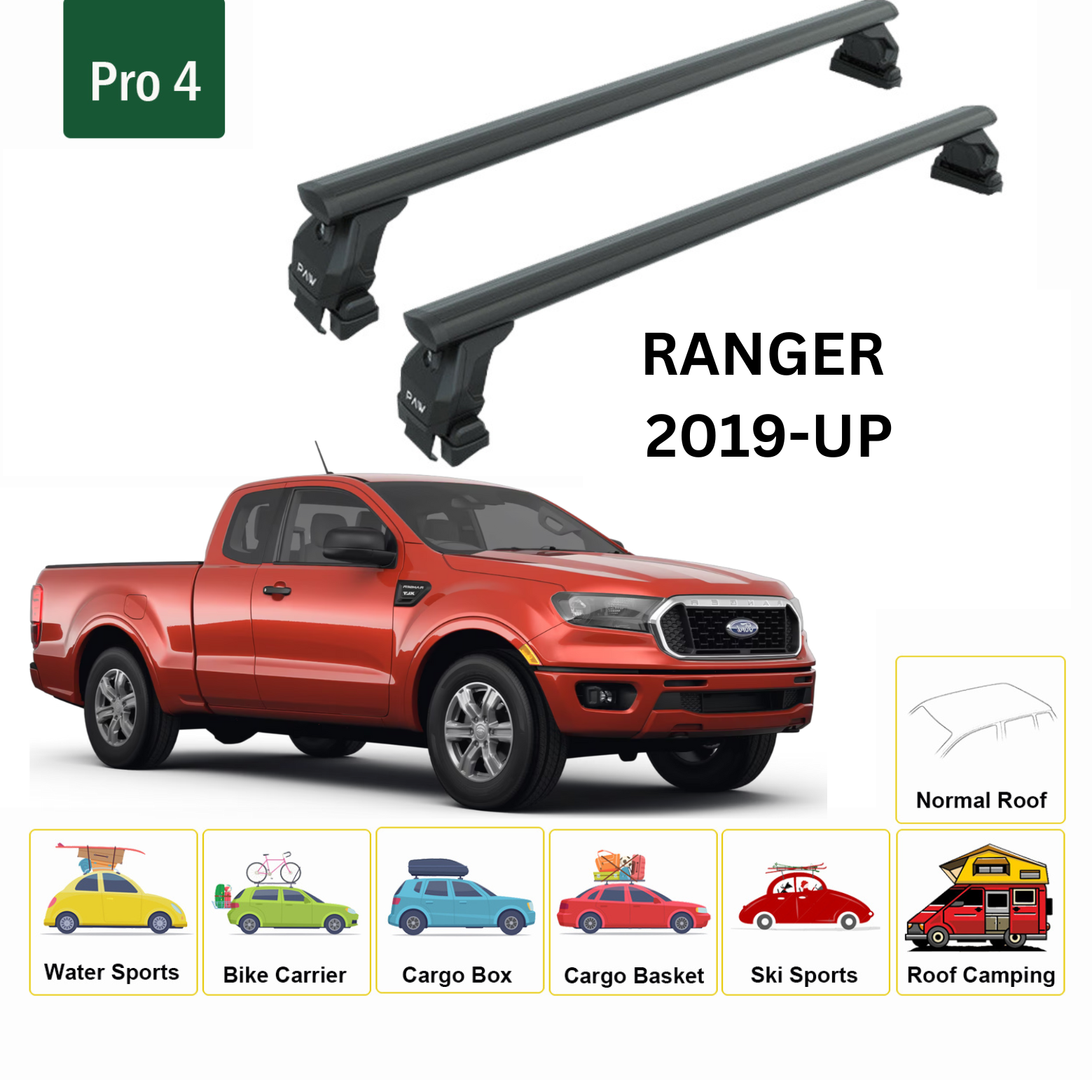 For Ford Ranger 2019-Up Roof Rack Cross Bars Metal Bracket Normal Roof Alu Black
