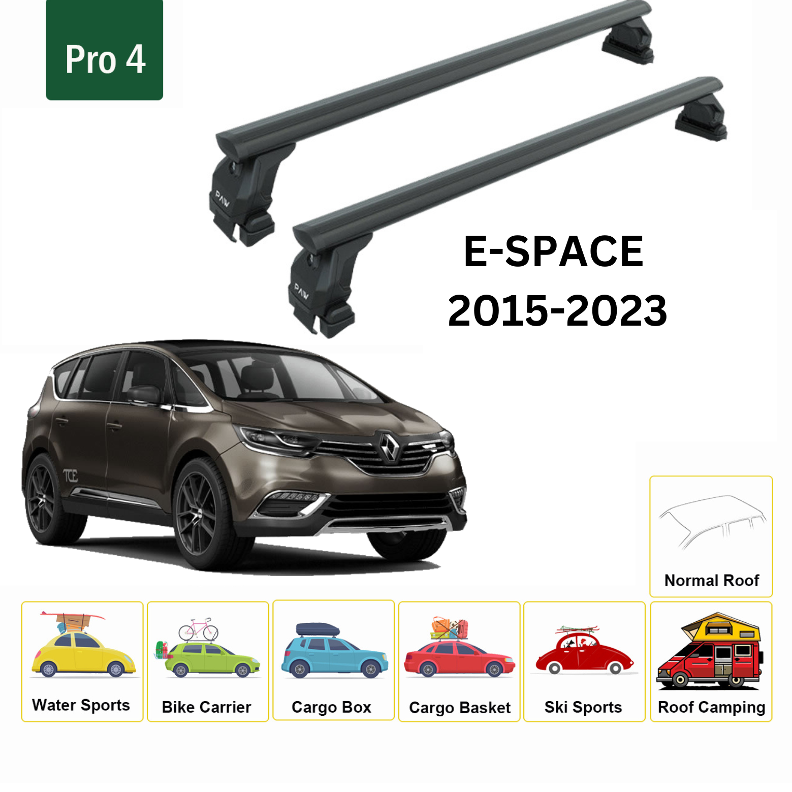 For Renault E-Space 2015-2023 Roof Rack System, Aluminium Cross Bar, Metal Bracket, Normal Roof, Black