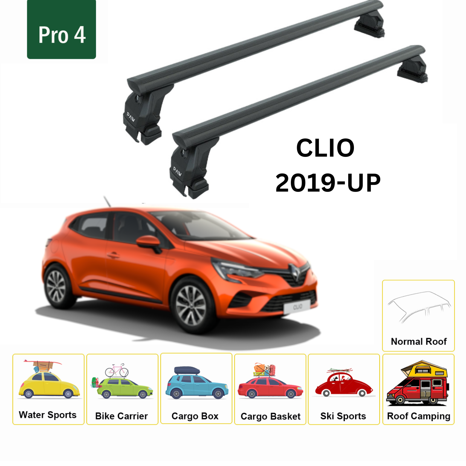 For Renault Clio 2019-Up Roof Rack System, Aluminium Cross Bar, Metal Bracket, Normal Roof, Black
