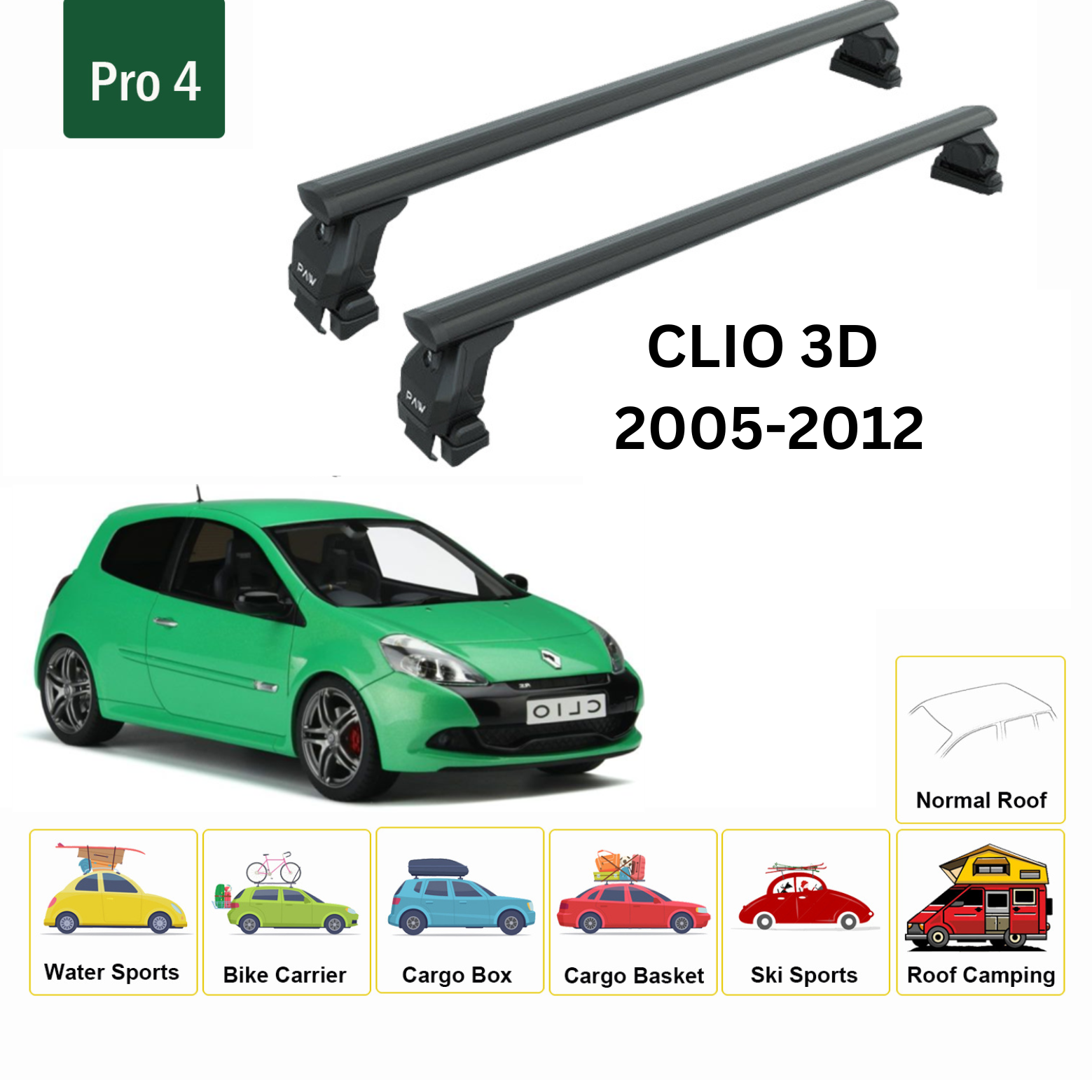 For Renault Clio 3D 2005-2012 Roof Rack System, Aluminium Cross Bar, Metal Bracket, Normal Roof, Black - 0