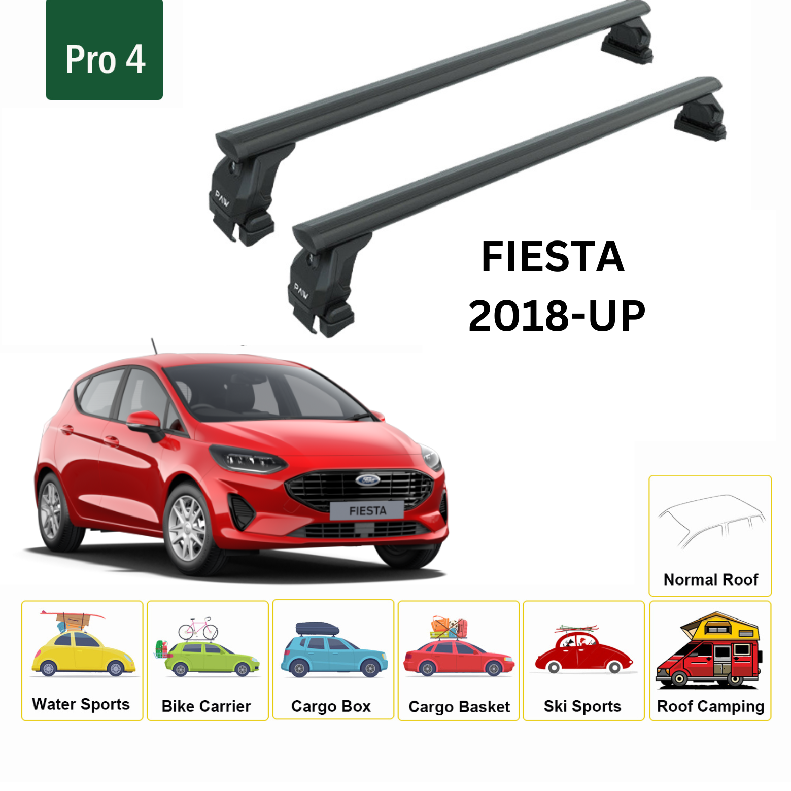 For Ford Fiesta 2018-Up Roof Rack Cross Bars Metal Bracket Normal Roof Alu Black - 0