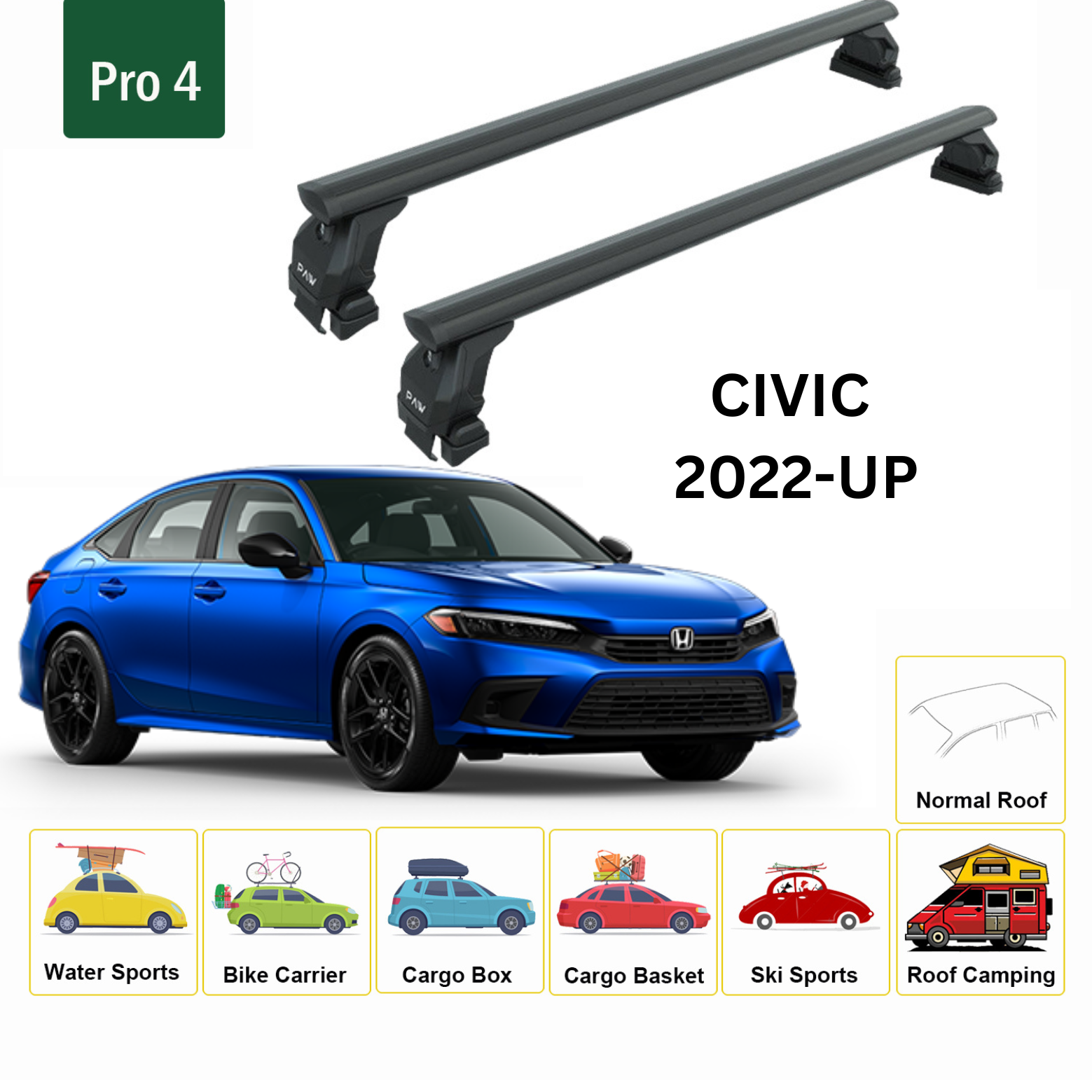 For Honda Civic 2021-Up Roof Rack Cross Bars Metal Bracket Normal Roof Alu Black