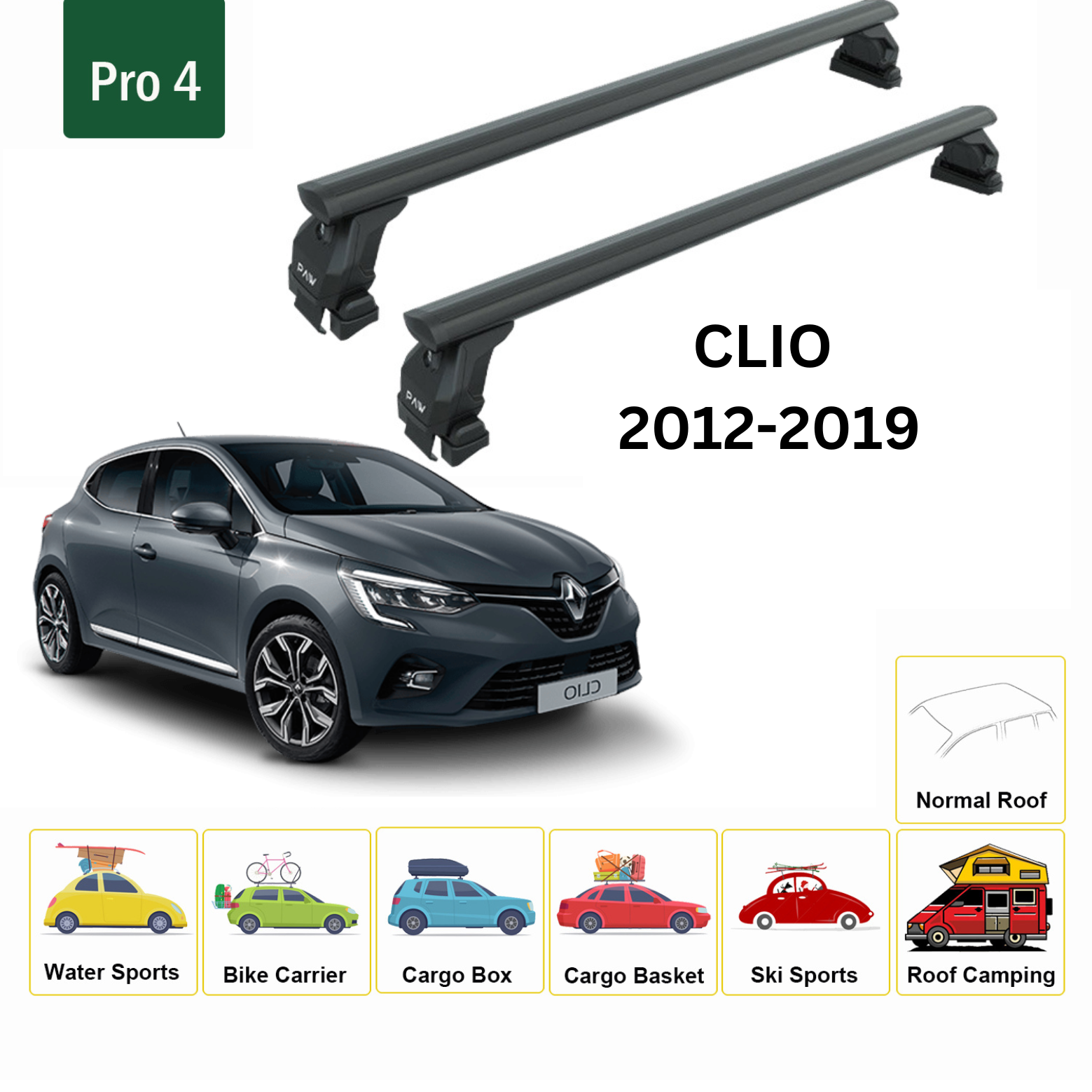 Für Renault Clio 2012–2019 Dachträgersystem, Aluminium-Querstange, Metallhalterung, normales Dach, schwarz