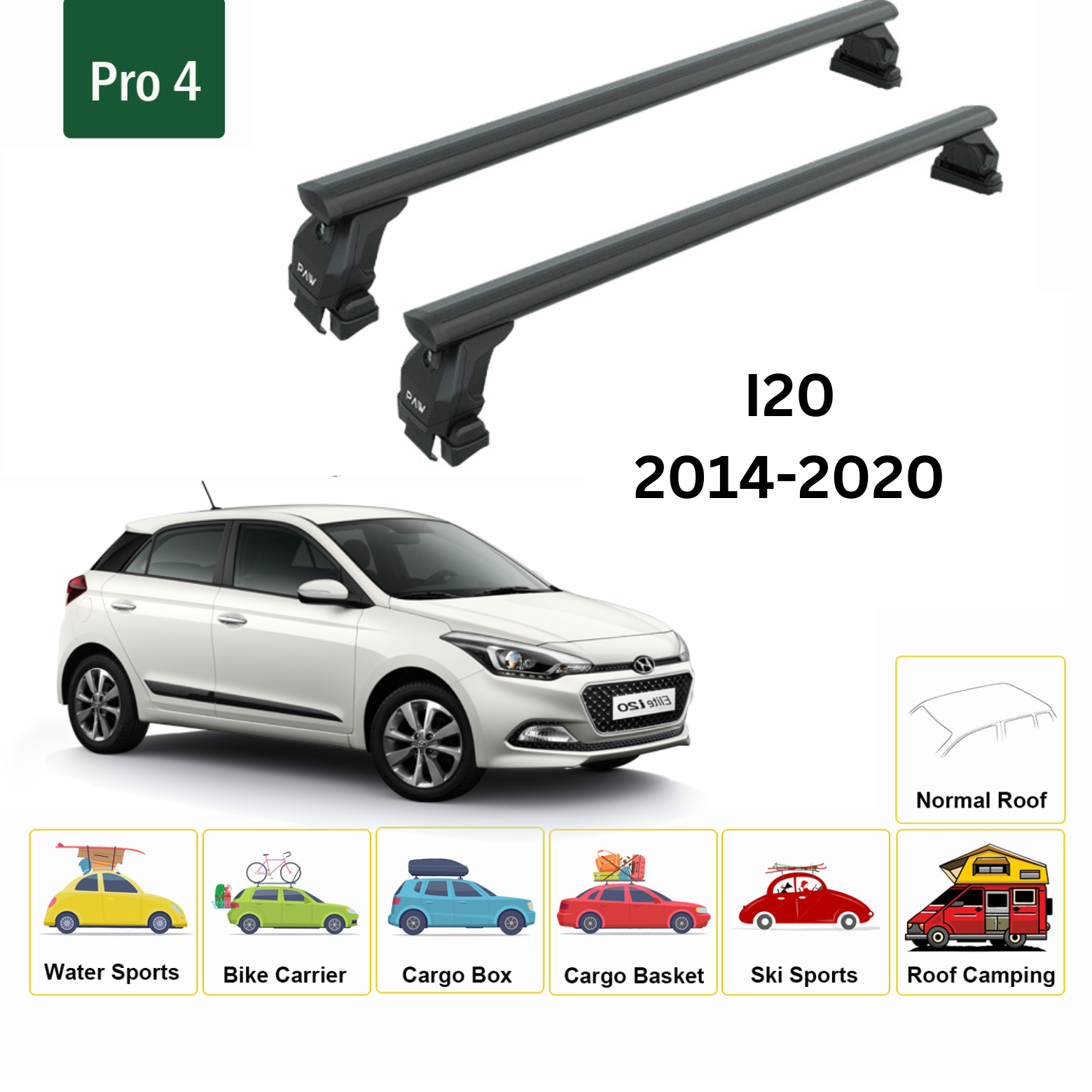 For Hyundai I20 2014-2020 Roof Rack Cross Bars Normal Roof Alu Black