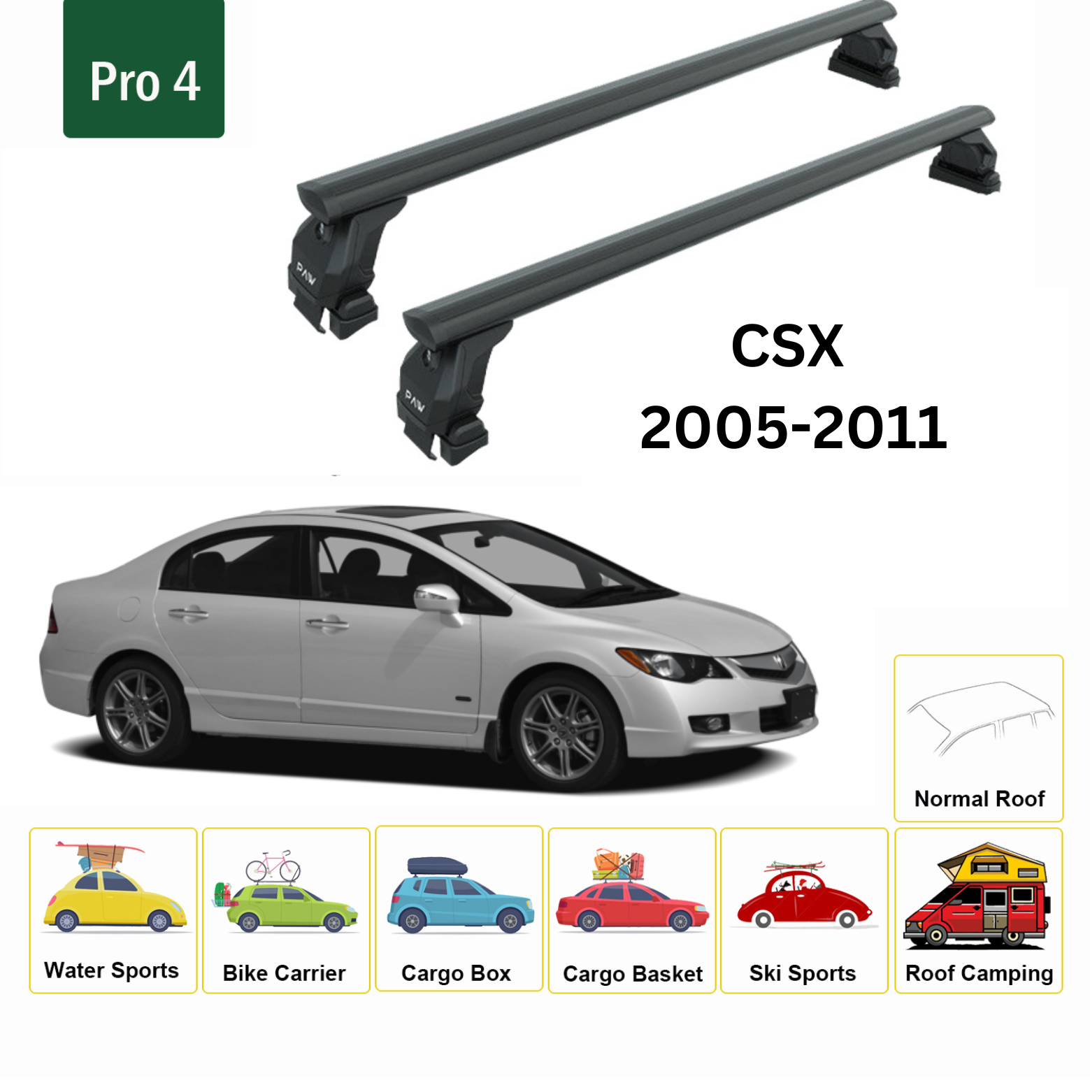 Für Acura CSX 2005–11 Dachträger, Querträger, Metallhalterung, normales Dach, Alu, Schwarz - 0
