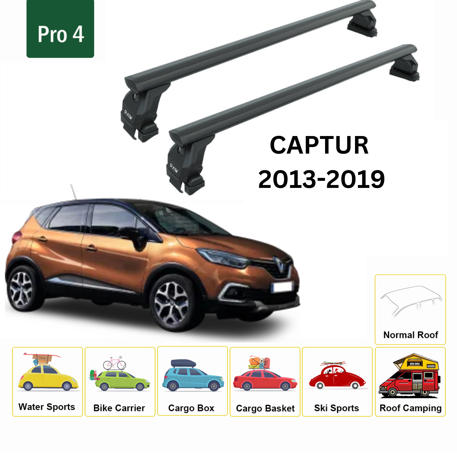 For Renault Captur 2013-2019 Roof Rack System, Aluminium Cross Bar, Metal Bracket, Normal Roof, Black - 0