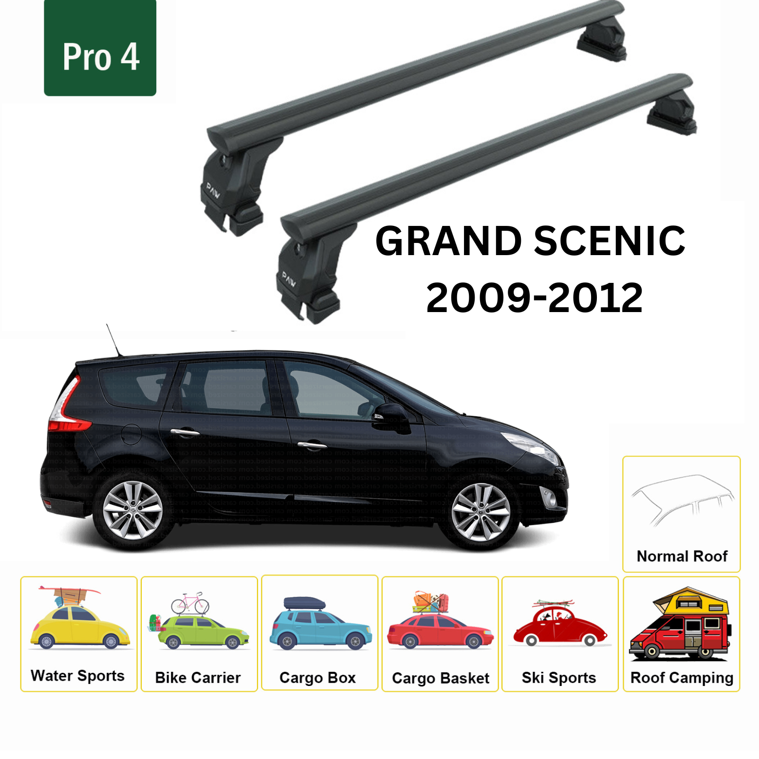 For Renault Grand Scenic 2009-2012 Roof Rack System, Aluminium Cross Bar, Metal Bracket, Normal Roof, Black