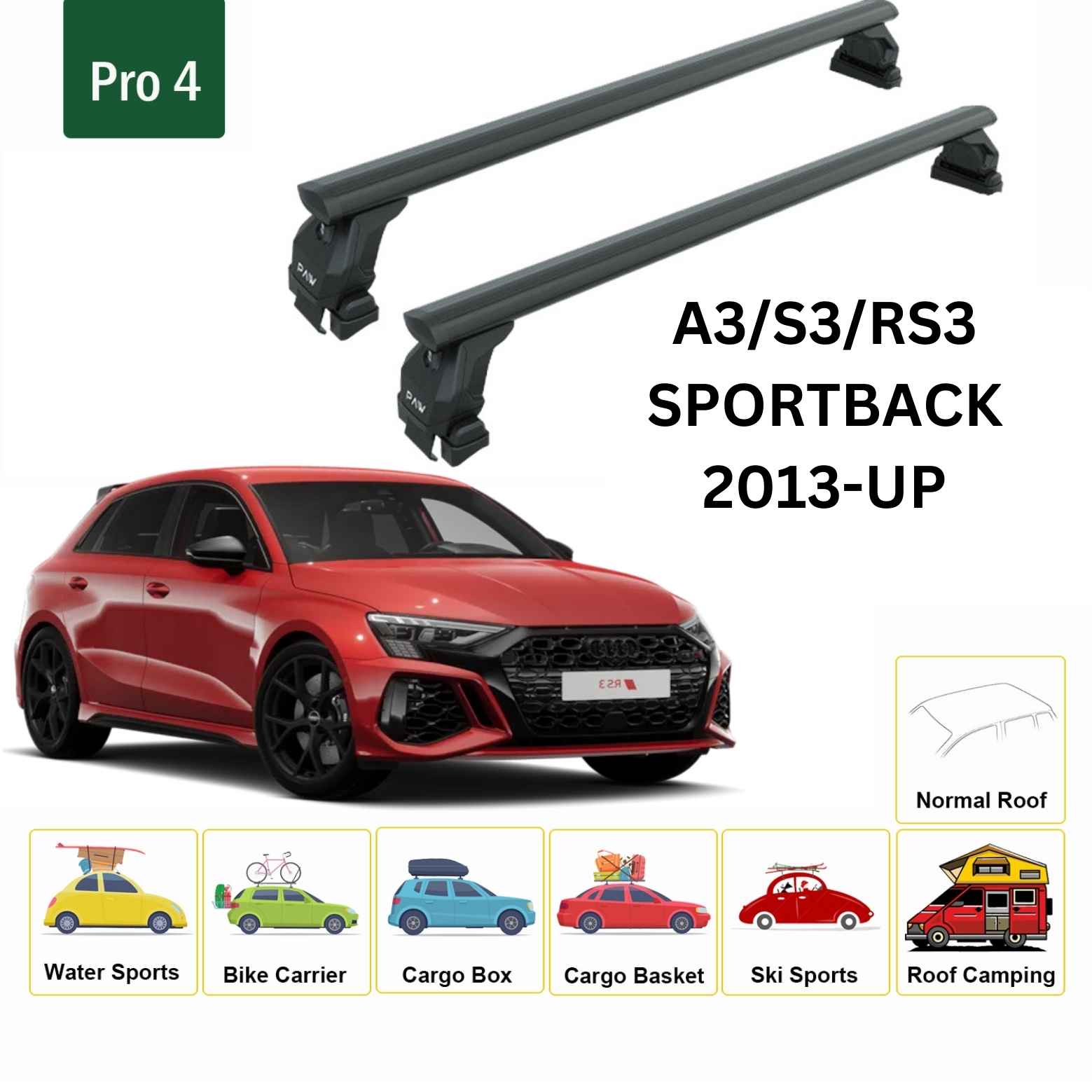 For Audi A3/S3/RS3 Sportback 2013-Up Roof Rack Cross Bars Normal Roof Alu Black