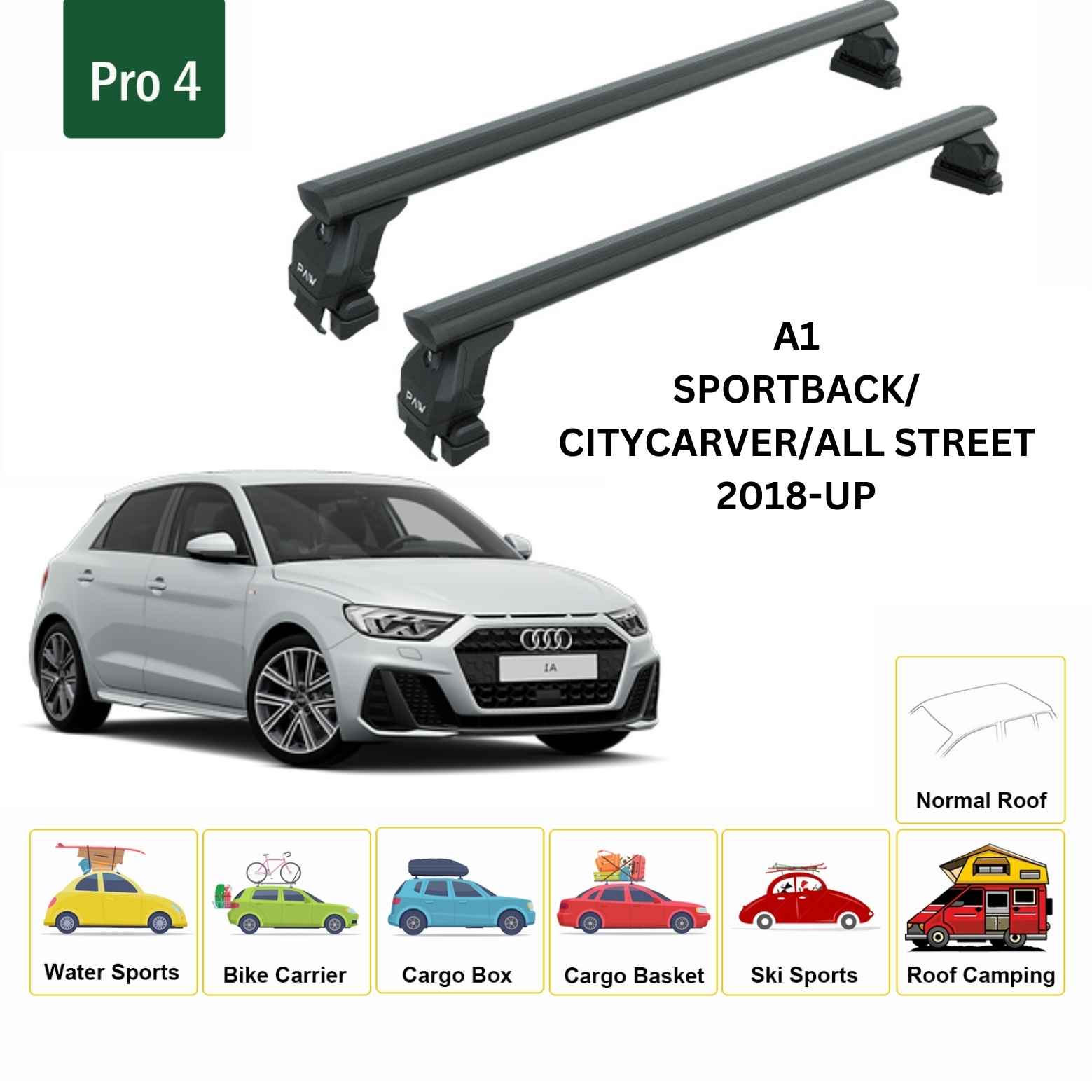 For Audi A1 2018-Up Roof Rack Cross Bars Normal Roof Alu Black