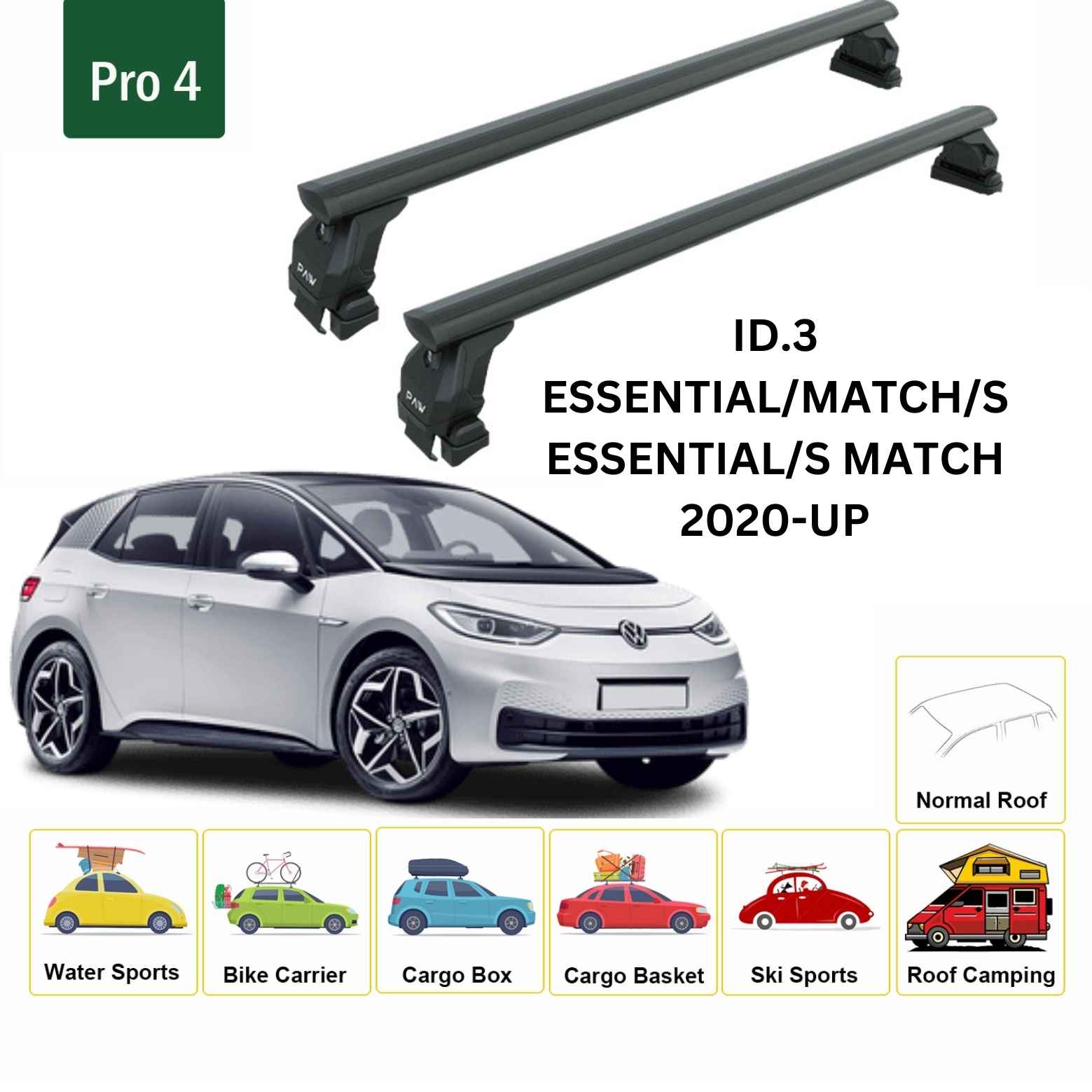 For Volkswagen ID.3 2020-Up Roof Rack Cross Bar Normal Roof Alu Black - 0