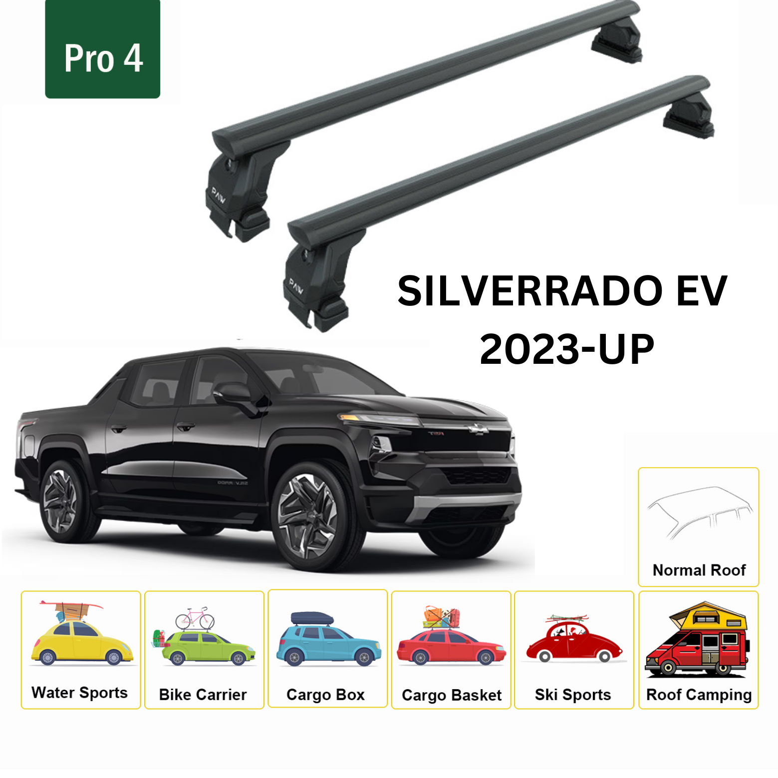 For Chevrolet Silverado EV 2023-Up Roof Rack Cross Bars Metal Bracket Normal Roof Alu Black