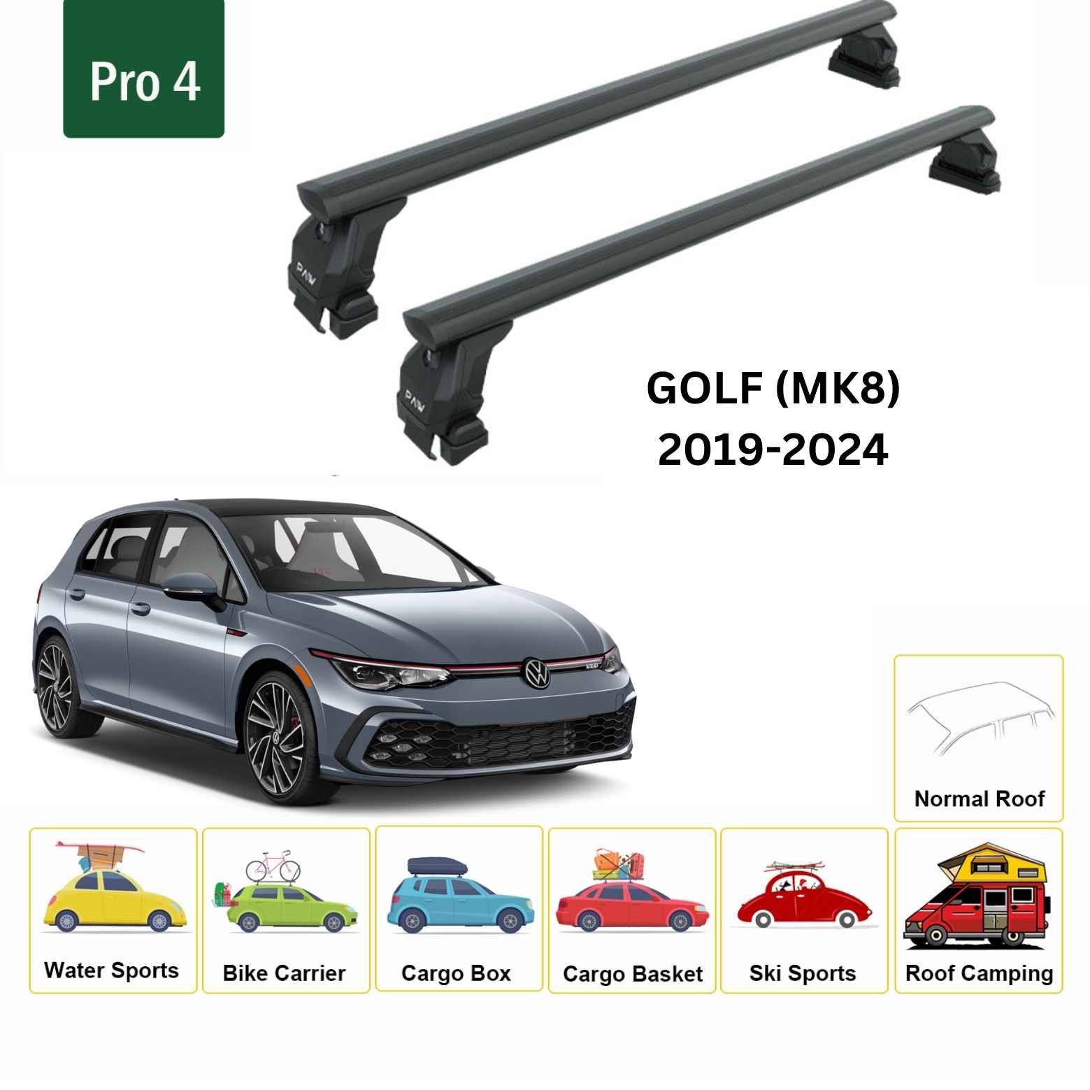 For Volkswagen Golf 5D (MK8) 2019-24 Roof Rack Cross Bar Normal Roof Alu Black - 0