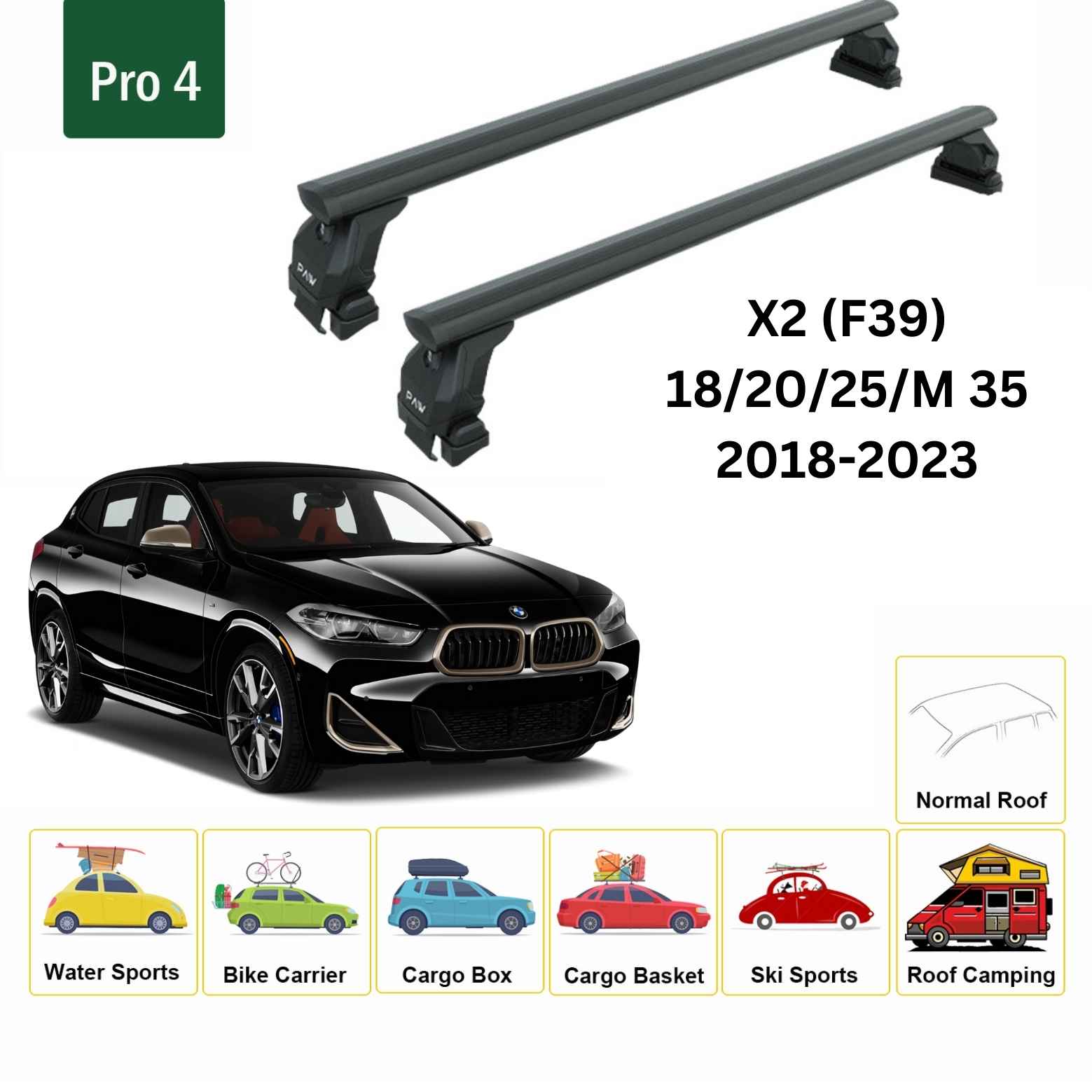 For BMW X2 (F39) 2018-23 Roof Back Cross Bars Normal Roof Alu Black