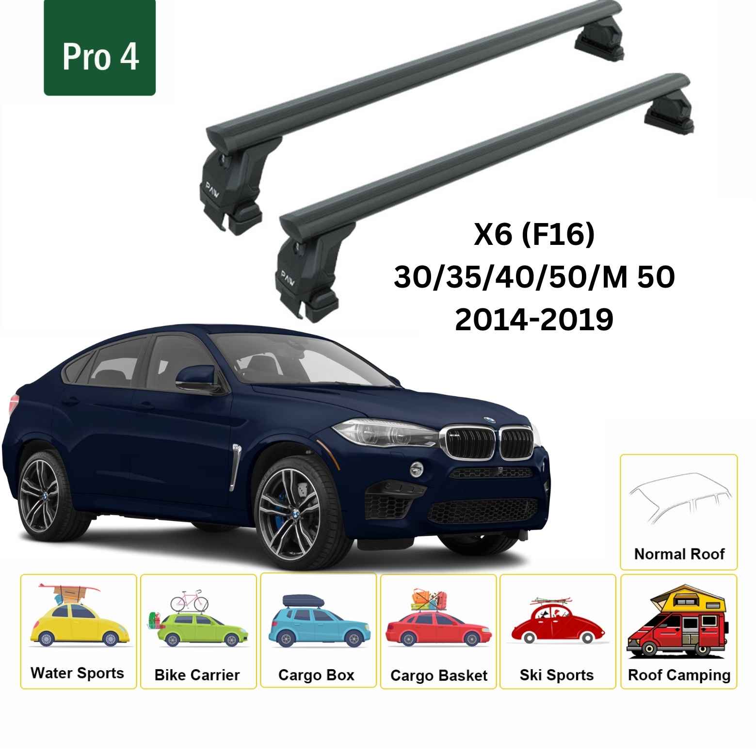 For BMW X6 (F16) 2014-19 Roof Rack Cross Bars Normal Roof Alu Black - 0