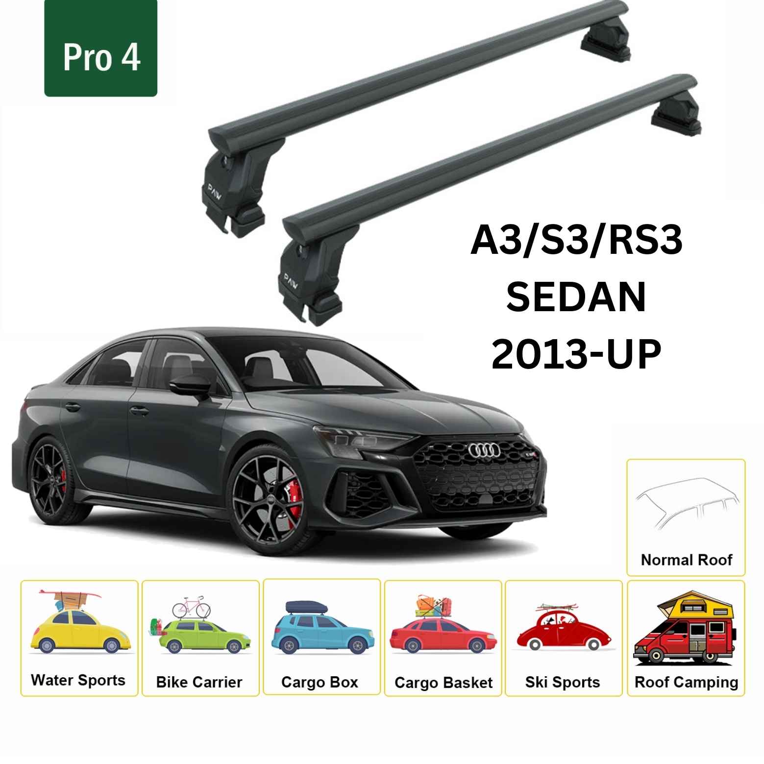For Audi A3 Sedan Roof Rack Cross Bars Normal Roof Alu Black 2013-Up - 0