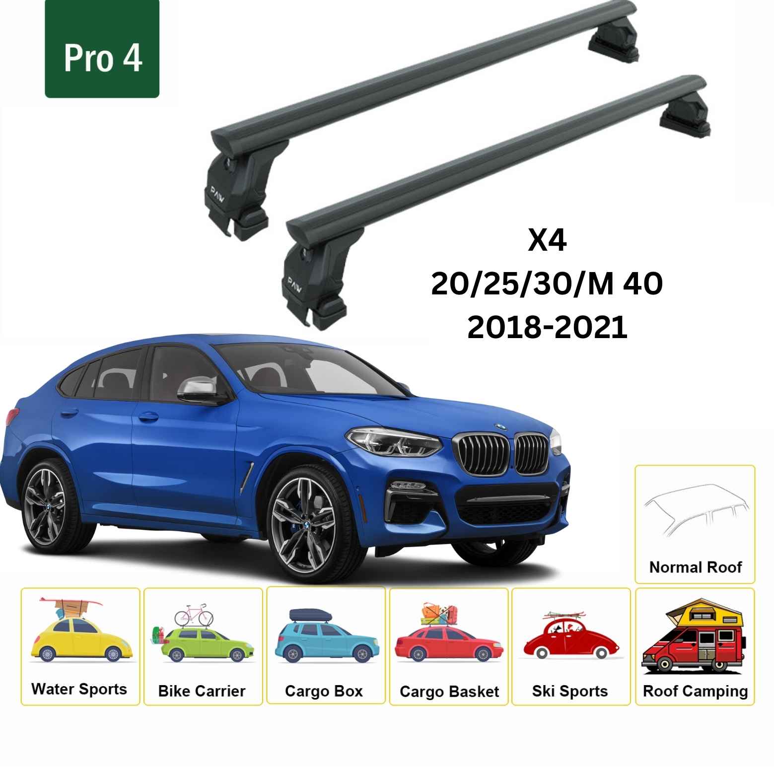For BMW X4 2018-21 Roof Rack Cross Bars Normal Roof Alu Black