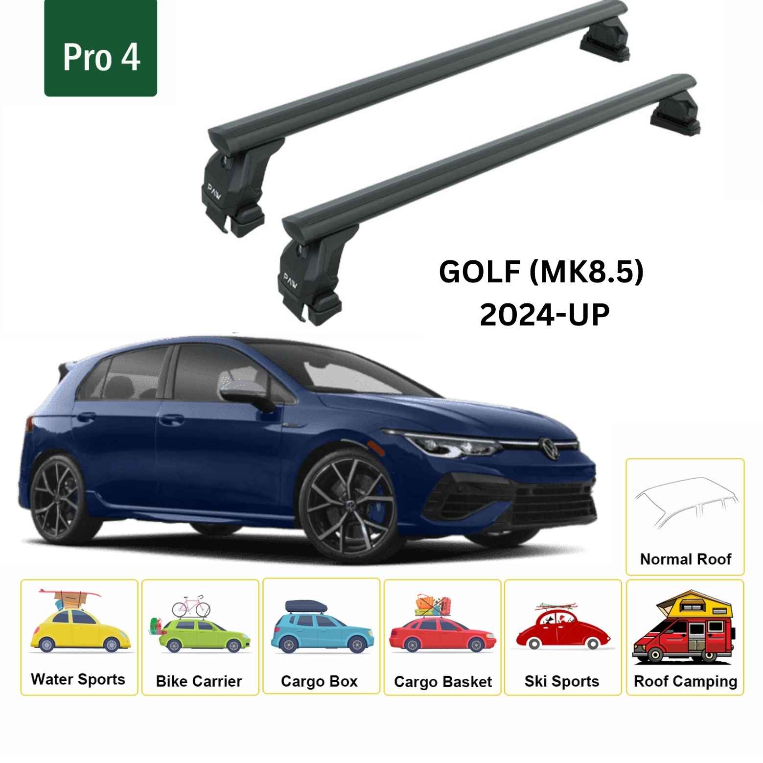 For Volkswagen Golf 5D (MK8.5) 2019-24 Roof Rack Cross Bar Normal Roof Alu Black