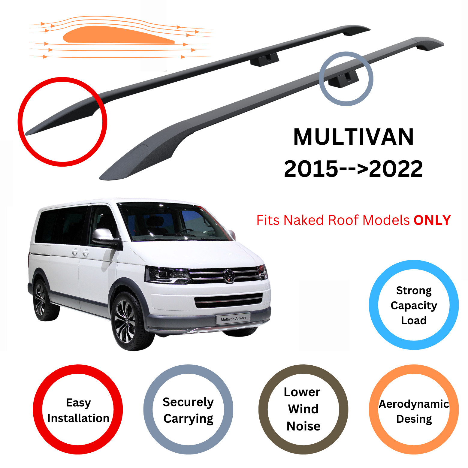 Für Volkswagen Multivan 2015–22 Dachreling und Dachträger-Querstangen Alu Schwarz