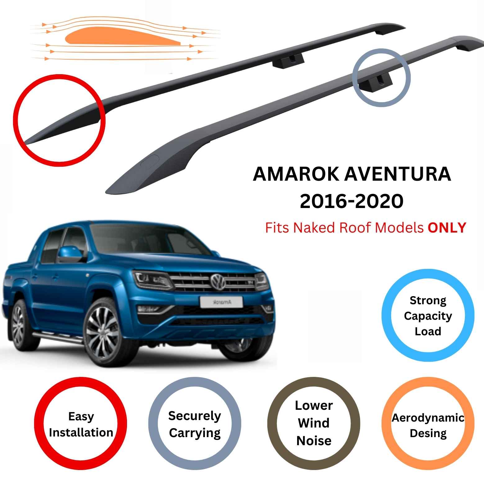 For Volkswagen Amarok Aventura 2016-20 Roof Side Rails Cross Bar Alu Black - 0
