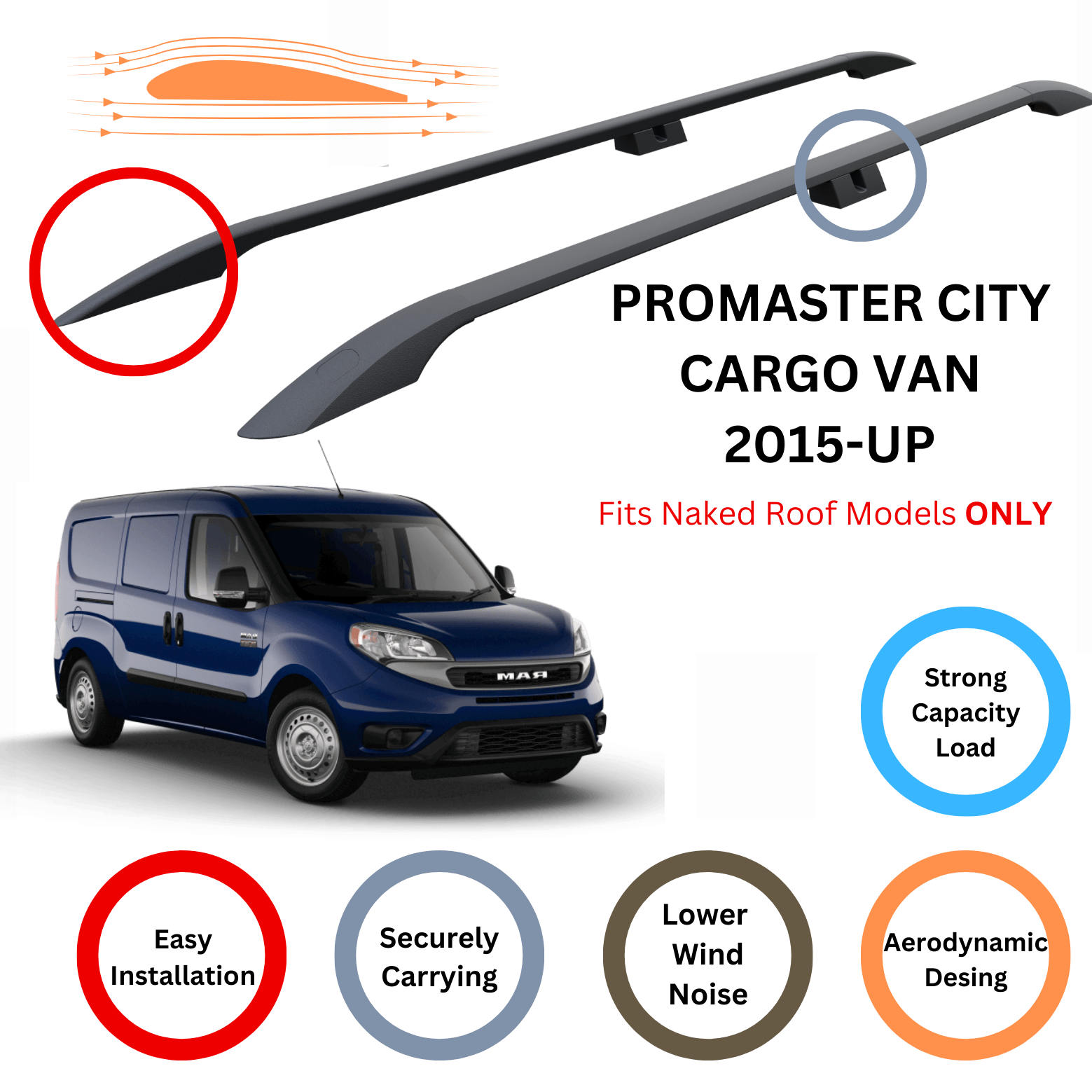 For RAM ProMaster City 2015-Up Roof Side Rails Ultimate Style Alu Black