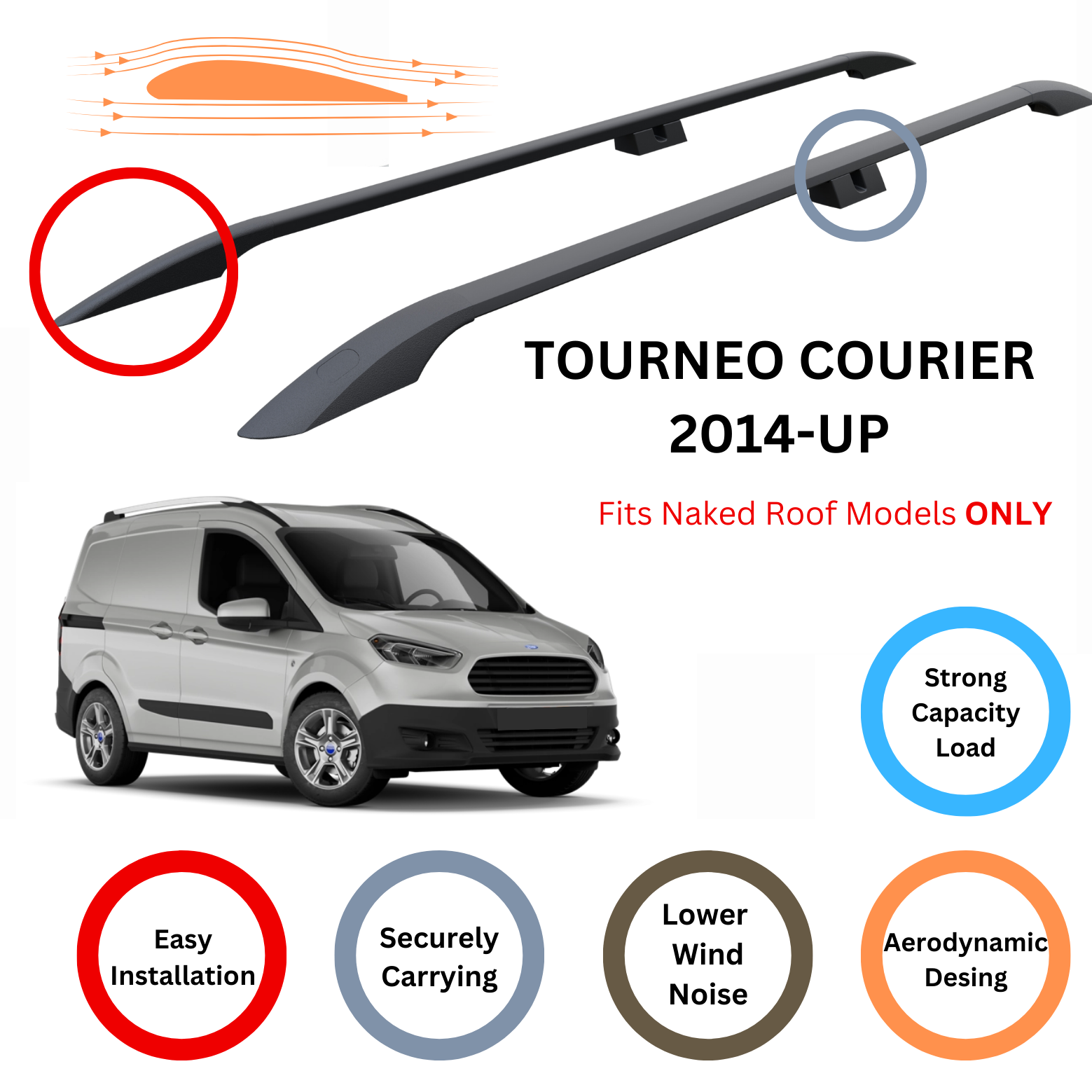 For Ford Tourneo Courier 2014-Up Roof Side Rails Ultimate Style Alu Black - 0