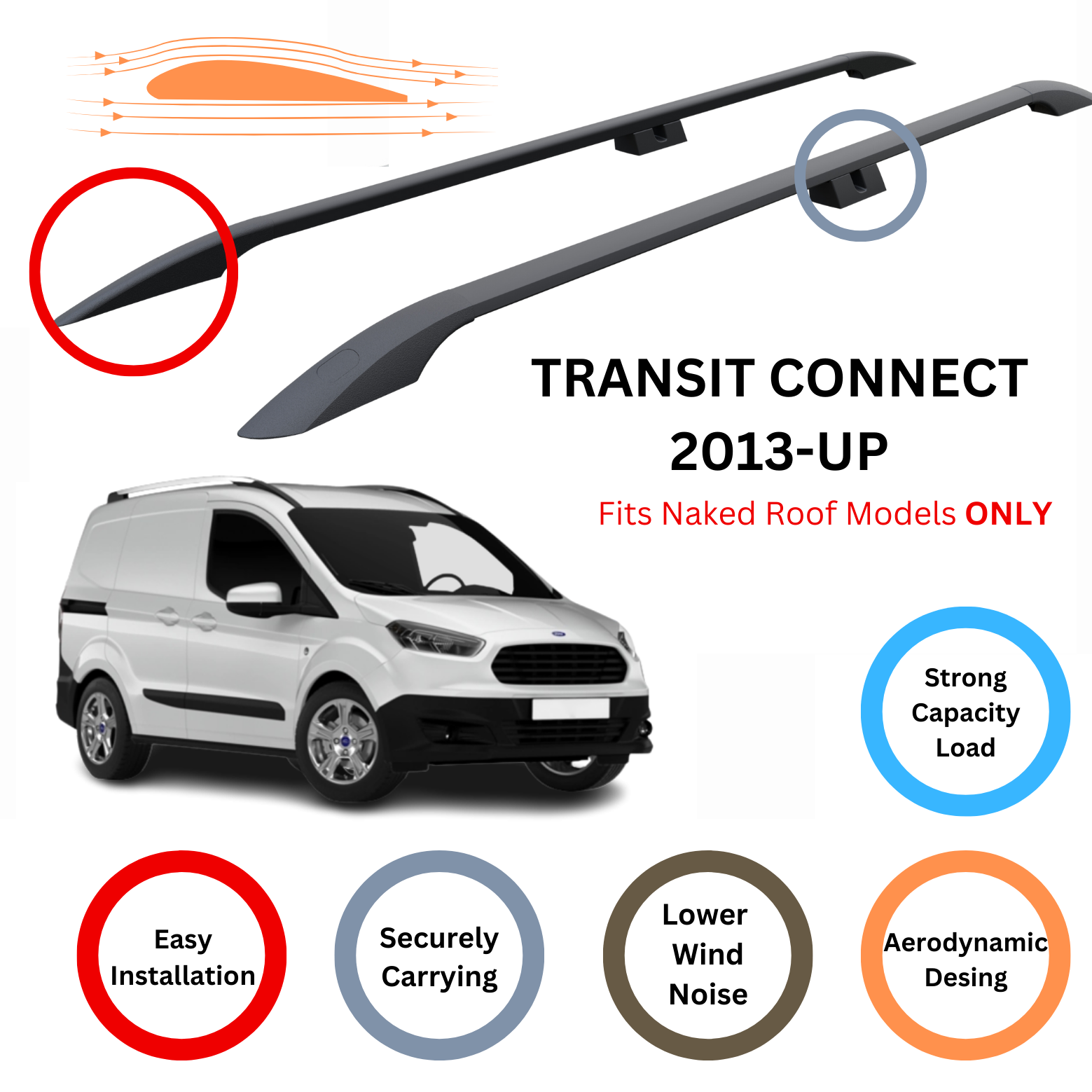 For Ford Transit Courier 2013-Up Roof Side Rails Ultimate Style Alu Black - 0