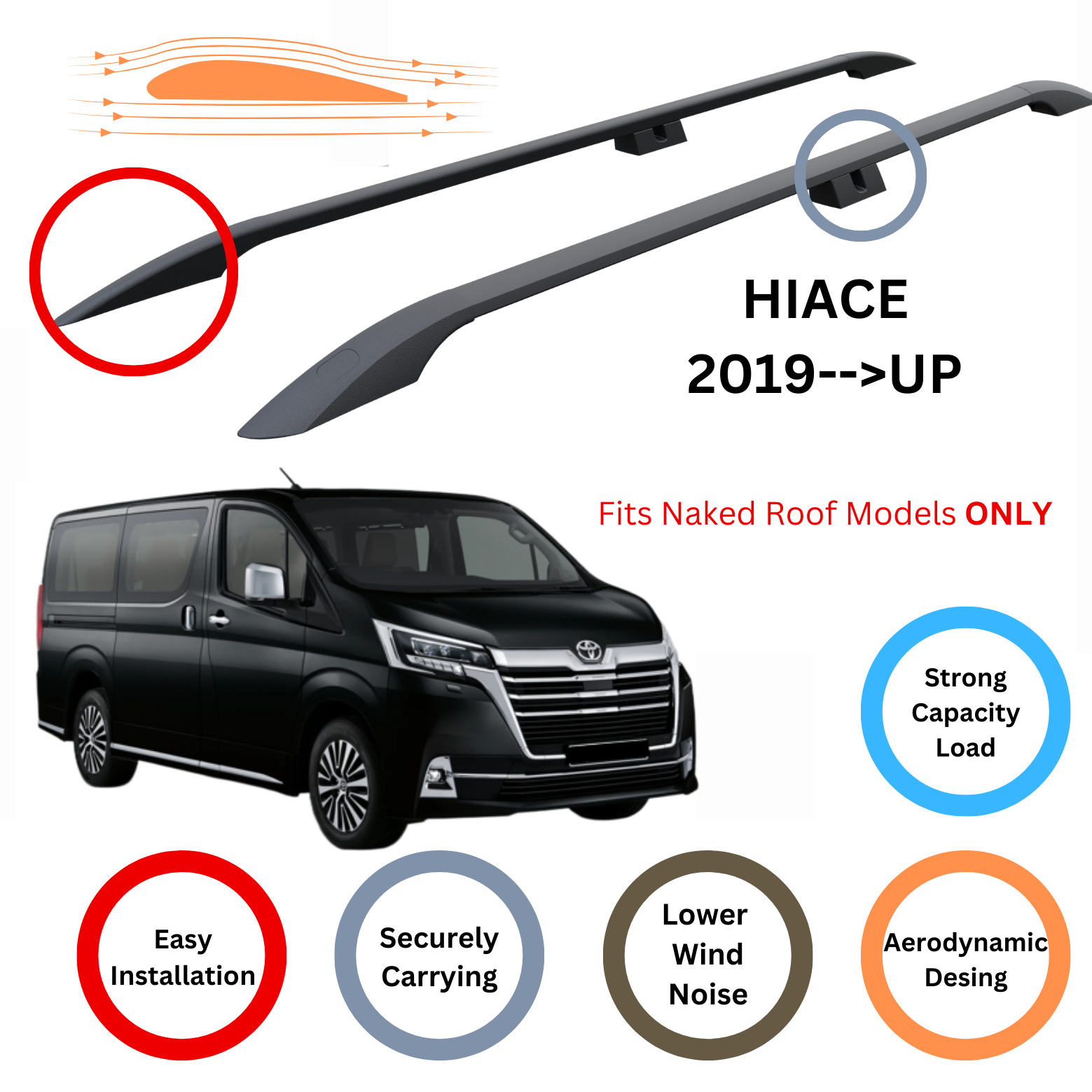 For Toyota Hiace 2019-Up Roof Side Rails Ultimate Style Alu Black