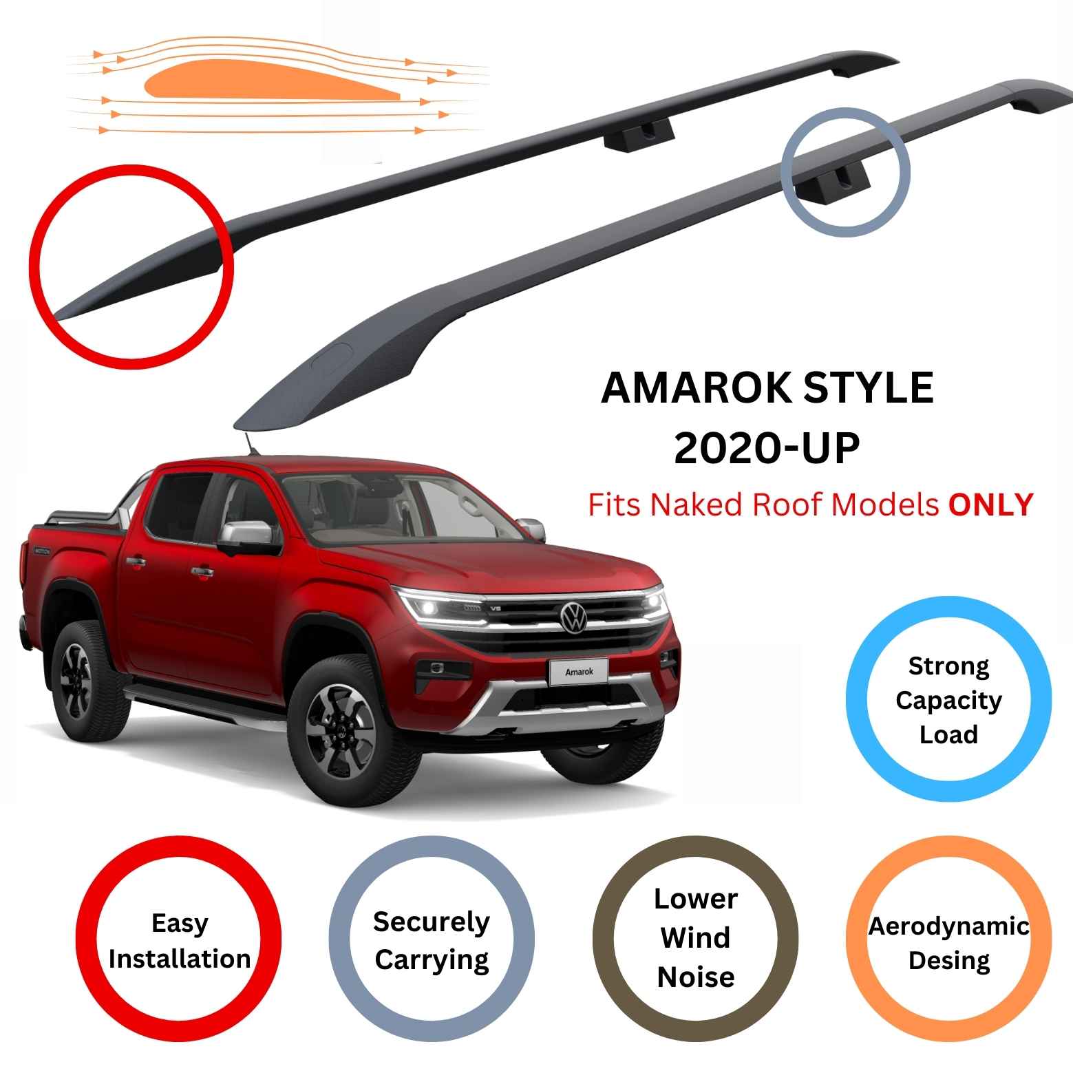 For Volkswagen Amarok Style 2020-Up Roof Side Rails and Roof Rack Cross Bar Alu Black