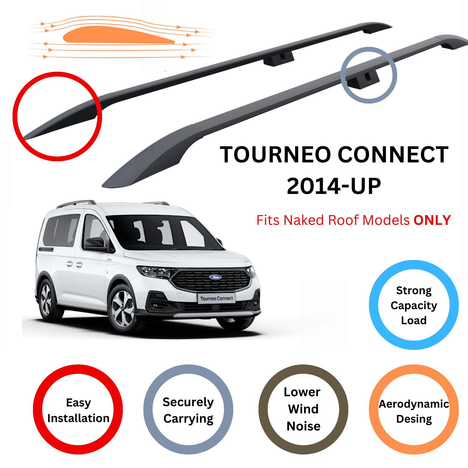 For Ford Tourneo Connect LWB 2014-Up Roof Side Rails and Roof Rack Cross Bars Alu Black - 0