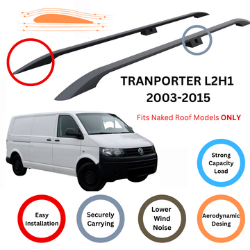 For Volkswagen Transporter T5 LWB 2003-2015 Roof Rails and Roof Rack Cross Bar Black - 0