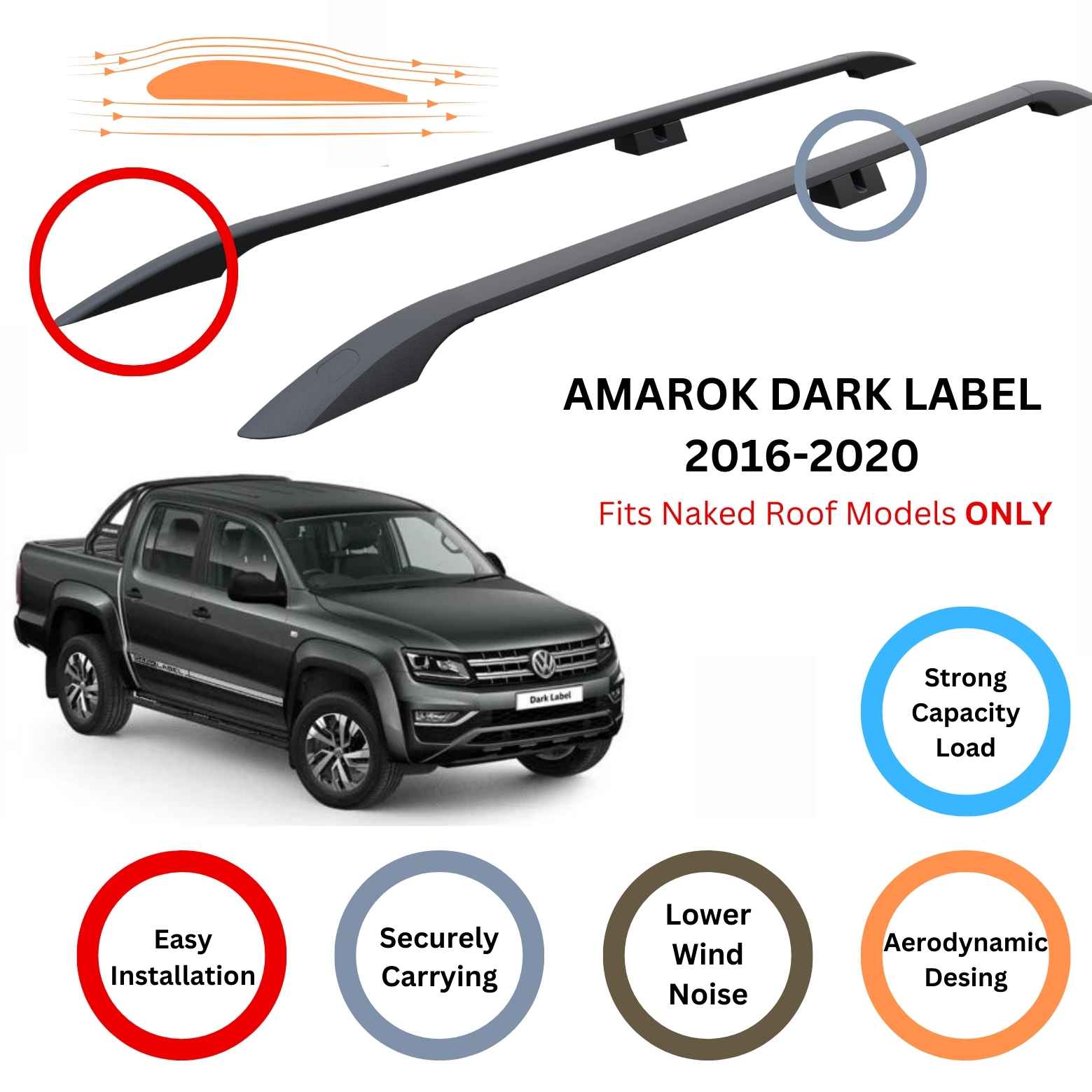 For Volkswagen Amarok Dark Label 2016-20 Roof Side Rails and Roof Rack Cross Bar Alu Black