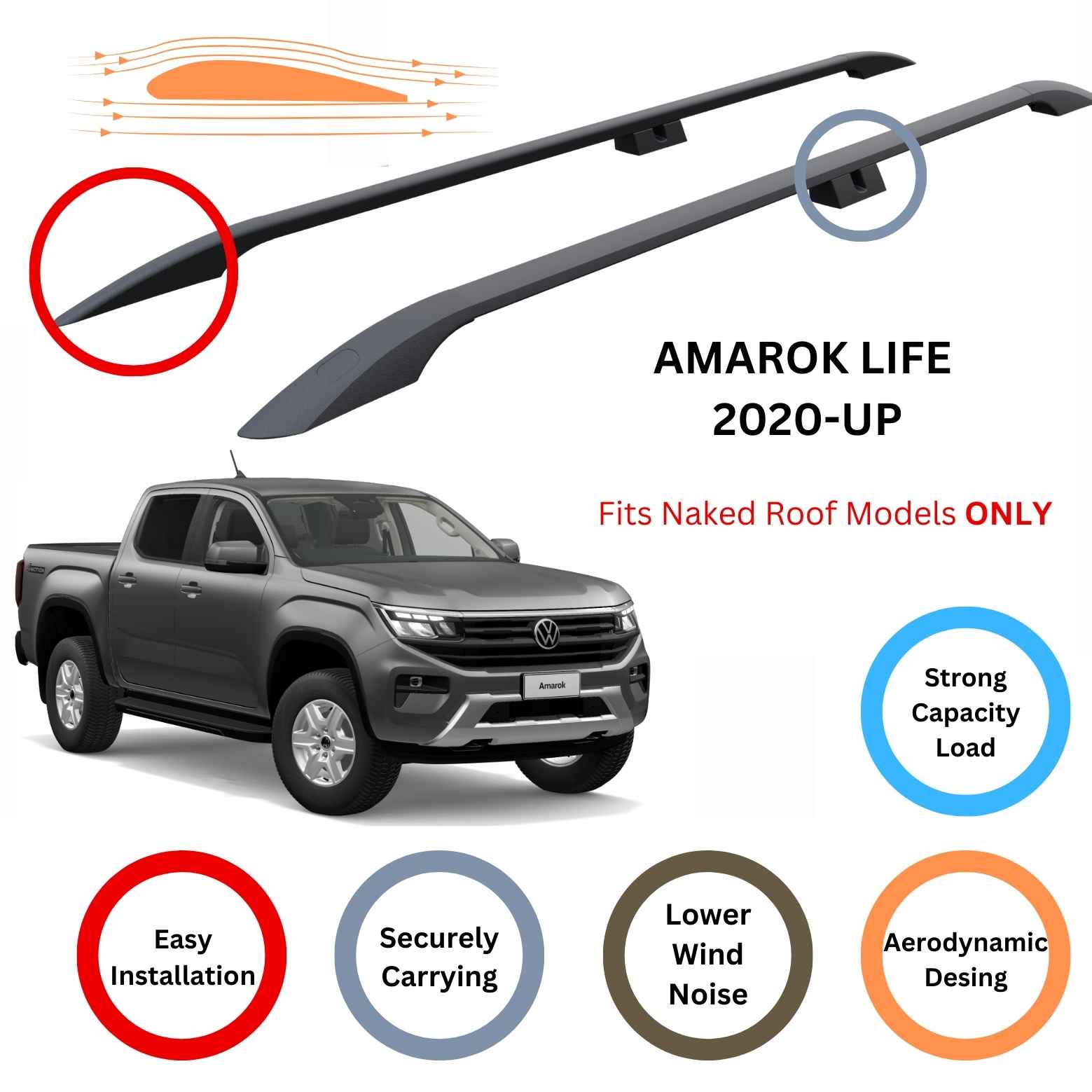 For Volkswagen Amarok Life 2020-Up Roof Side Rails and Roof Rack Cross Bar Alu Black - 0